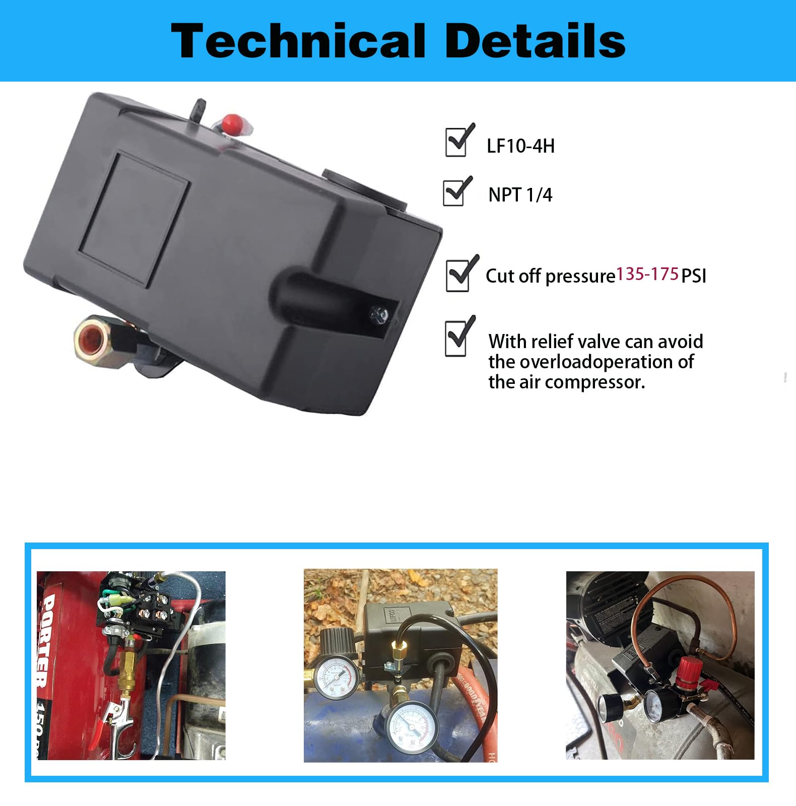 Heavy Duty Air Compressor Pressure Switch 135-175 PSI, 4 Port 26 Amp - Perfect for Industrial, Garage & Workshop Air Tools