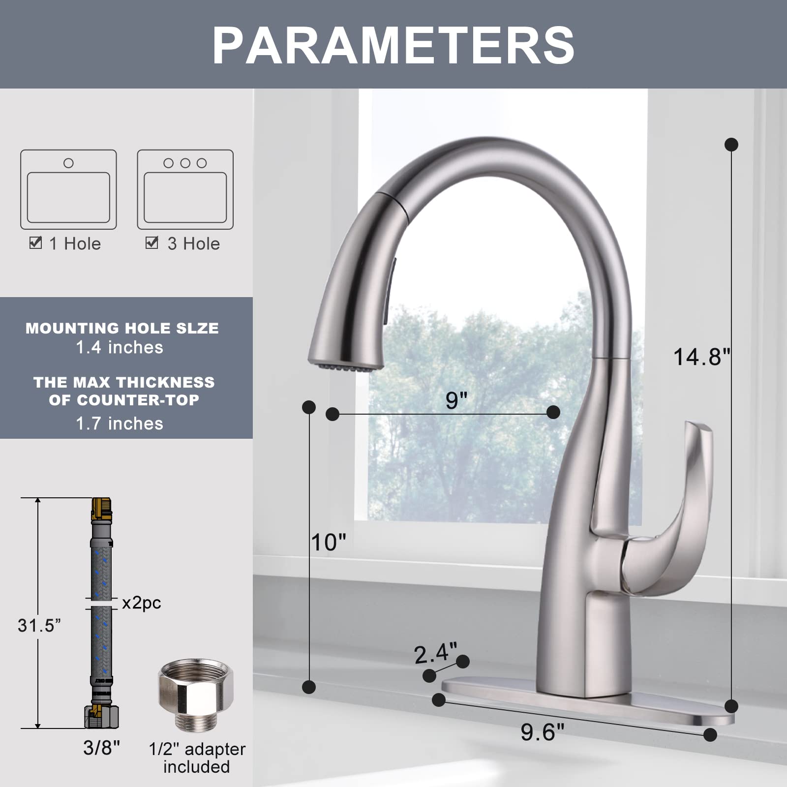 Premium Brushed Nickel Single Handle High Arc Gooseneck Kitchen Faucet with Pull Down Sprayer - Stainless Steel Modern Water Tap for Sink with Deck Plate - Ideal for Home Kitchen, Restaurant & Commercial Use (Patented Design)