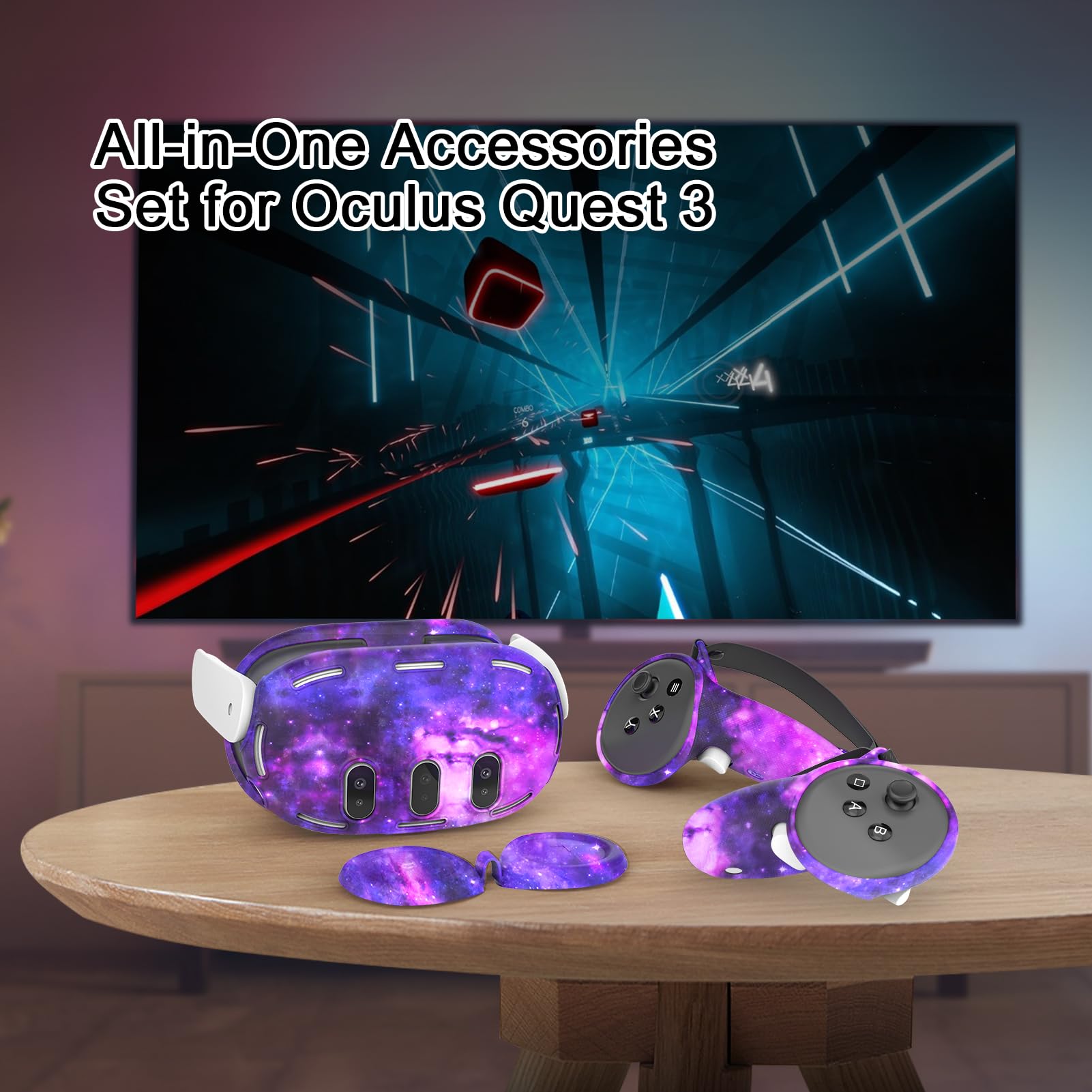 Relohas Deluxe 5-in-1 Silicone VR Accessories Set for Meta Quest 3 - Protective Case, Controller Grips, Shell Cover & Face Cover - Perfect for Gaming, Christmas Gifts & Halloween Cosplay (Galaxy Purple)