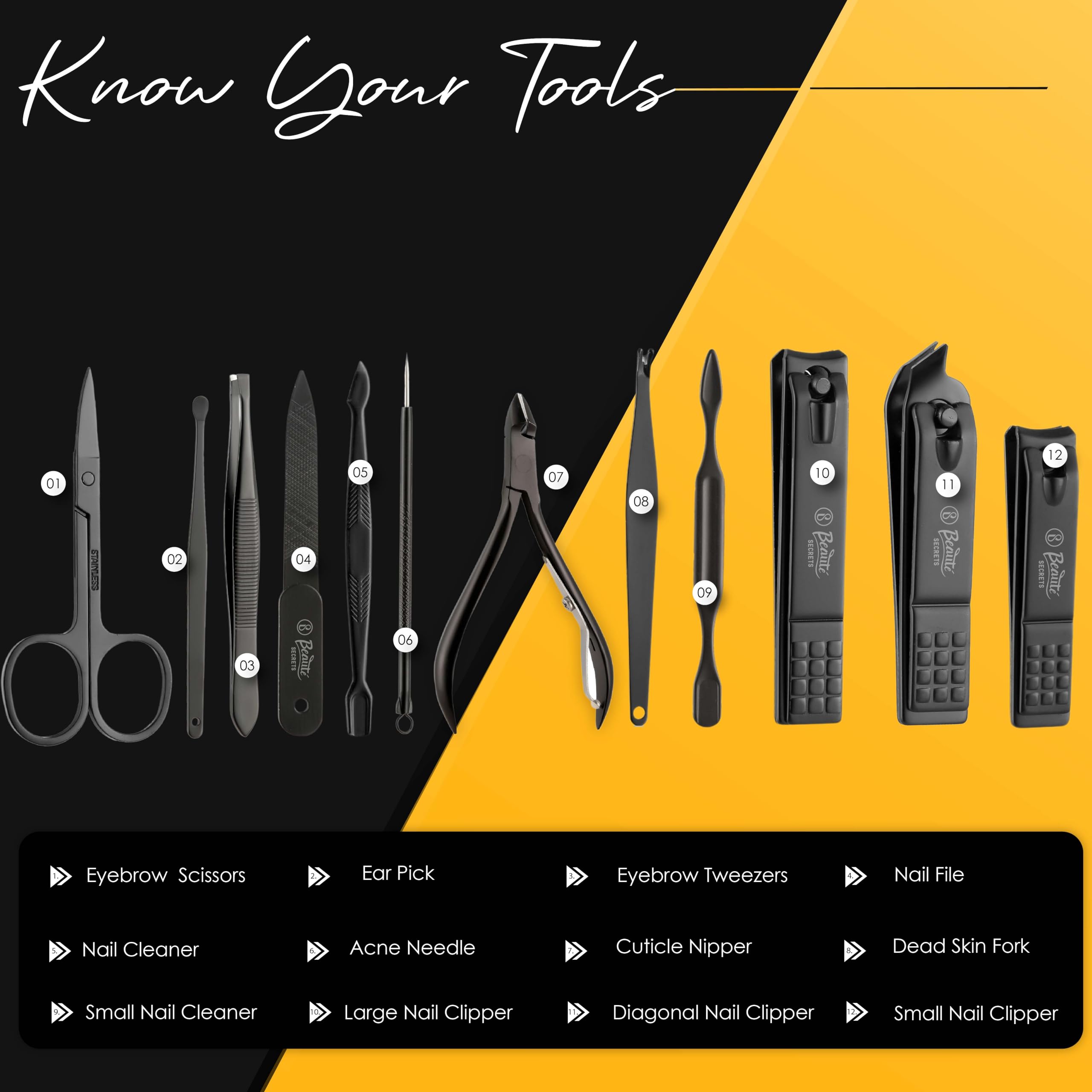 Beauté Secrets Professional Manicure Set - Stainless Steel Nail Clippers & Scissors, Acne Needle & Blackhead Remover Tools with Leather Travel Case (Grey/Yellow) - Perfect for Home Grooming, Travel & Salon Use