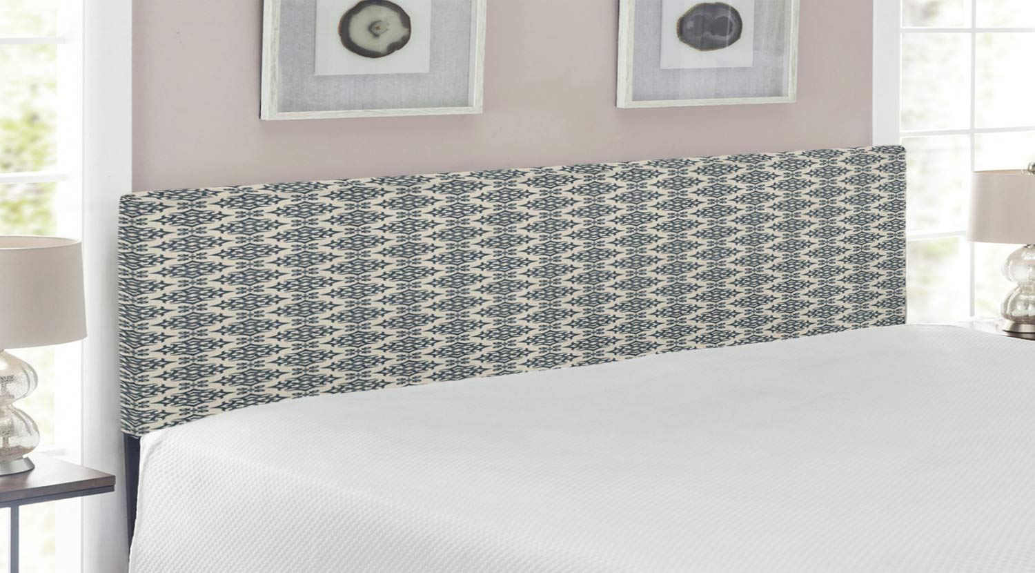 Ambesonne Oriental King Size Headboard - Timeless Ornate Middle Eastern Design with Curved Stripes & Abstract Motifs, Upholstered Decorative Metal Bed Frame with Memory Foam in Slate Blue Beige | Perfect for Bedroom Makeovers & Luxurious Home Decor