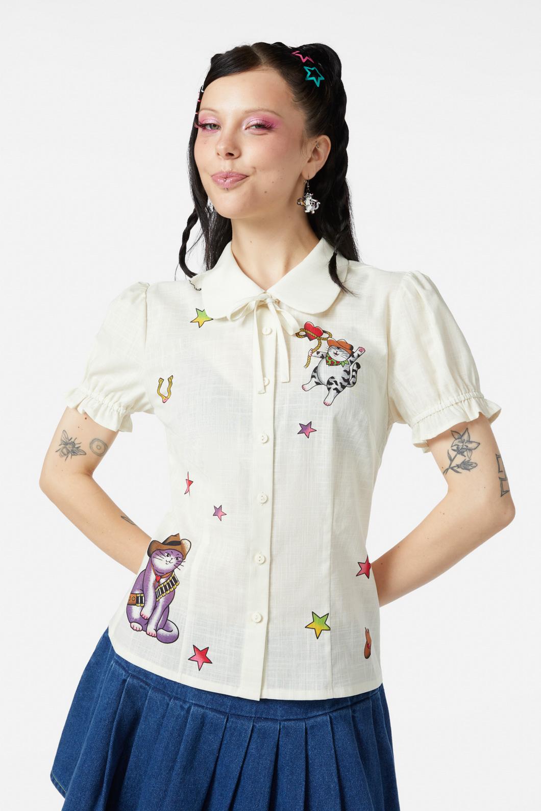 Meowdy Cat Themed Badge Blouse - Stylish Cute Cat Print Top for Women - Perfect for Casual Wear, Office Outfits & Cat Lover Gifts