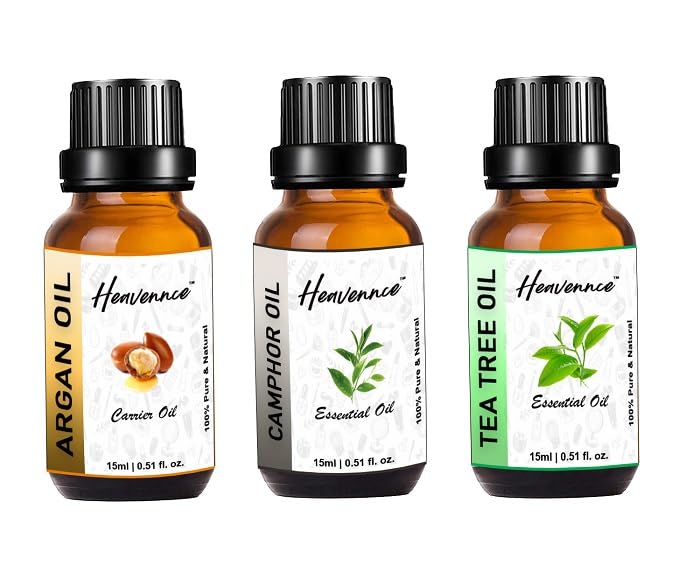 Premium Argan Oil, Camphor Oil & Tea Tree Oil Trio Set - Natural Hair Growth Serum, Skin Moisturizer & Anti-Aging Treatment | Aromatherapy Essential Oils for Relaxation & Deodorizing | Perfect for Daily Hair Care, Face Massage & Stress Relief (3-Pack)