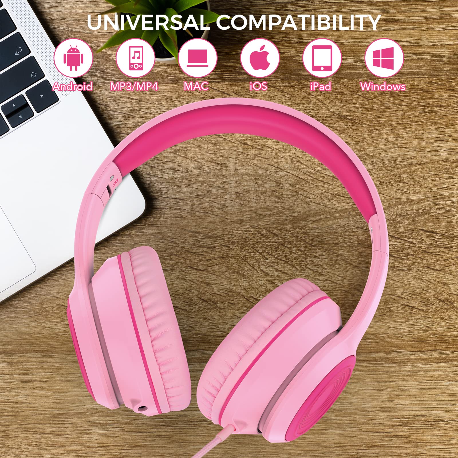 RORSOU K9 Kids Headphones with Microphone - Foldable Stereo Bass Headphones for Children Teens & Adults - 1.5M Tangle-Free Cord - Wired Headset for Smartphones Tablets Computers MP3/4 - Perfect for School Travel & Online Learning (Pink)