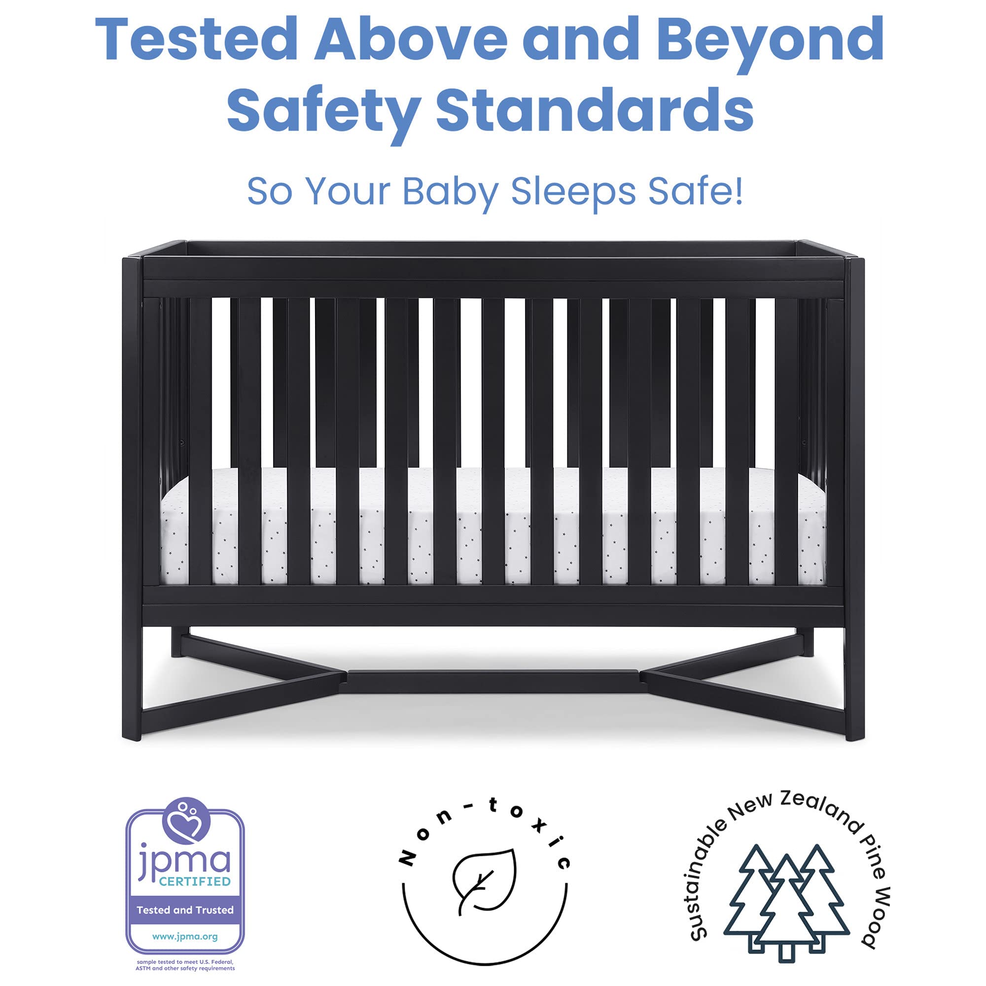 Delta Children Tribeca 4-in-1 Convertible Baby Crib with Simmons Kids Quiet Nights Eco-Friendly Toddler Mattress - GREENGUARD Gold Certified, Recycled Materials, Midnight Grey | Nursery Essential for Safe & Sustainable Sleep