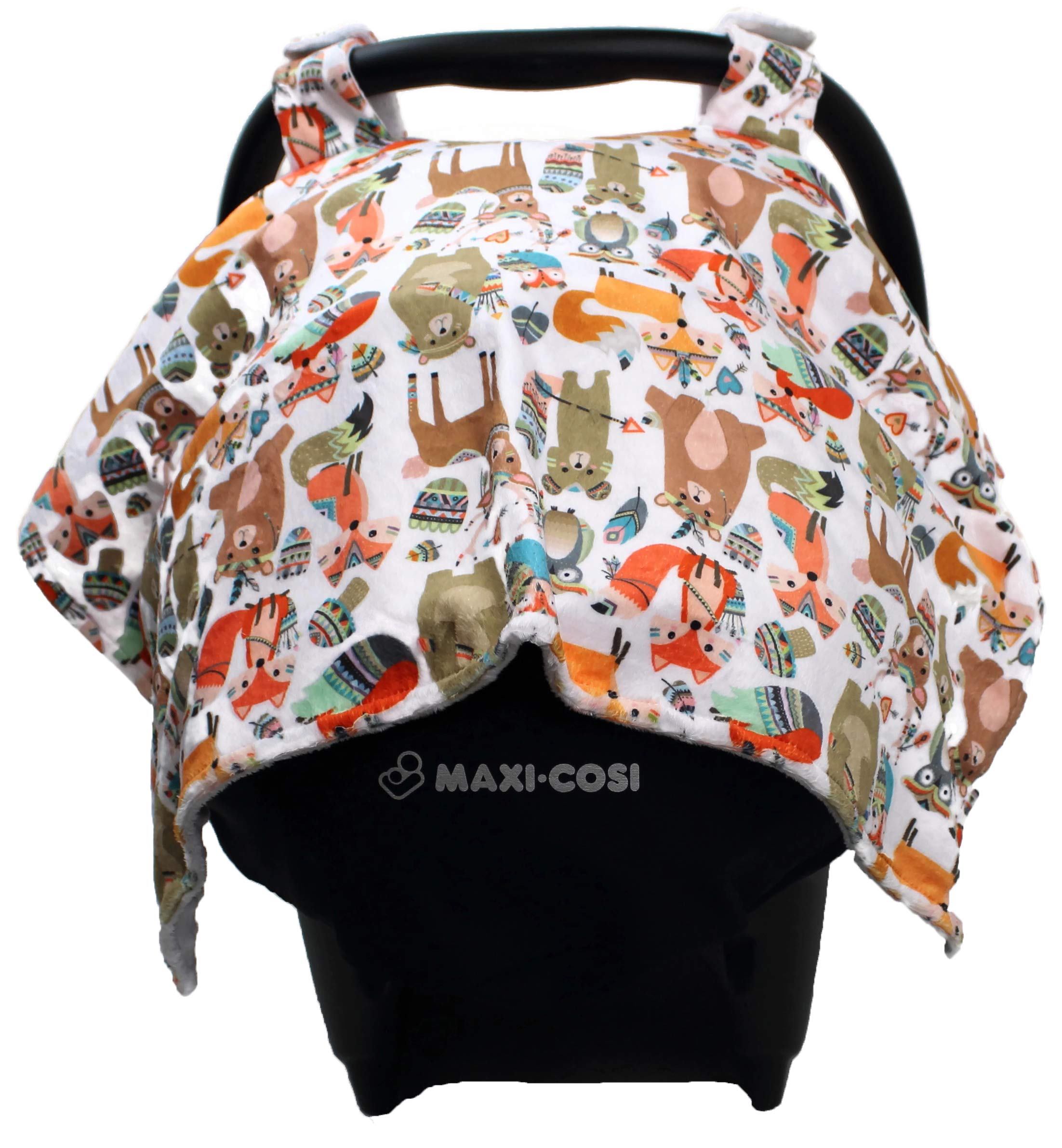 Dear Baby Gear Deluxe Baby Car Seat Canopy Cover - Tribal Woodland Forest Animals Print with White Dots | Perfect for Strollers, Shopping, and Outdoor Adventures