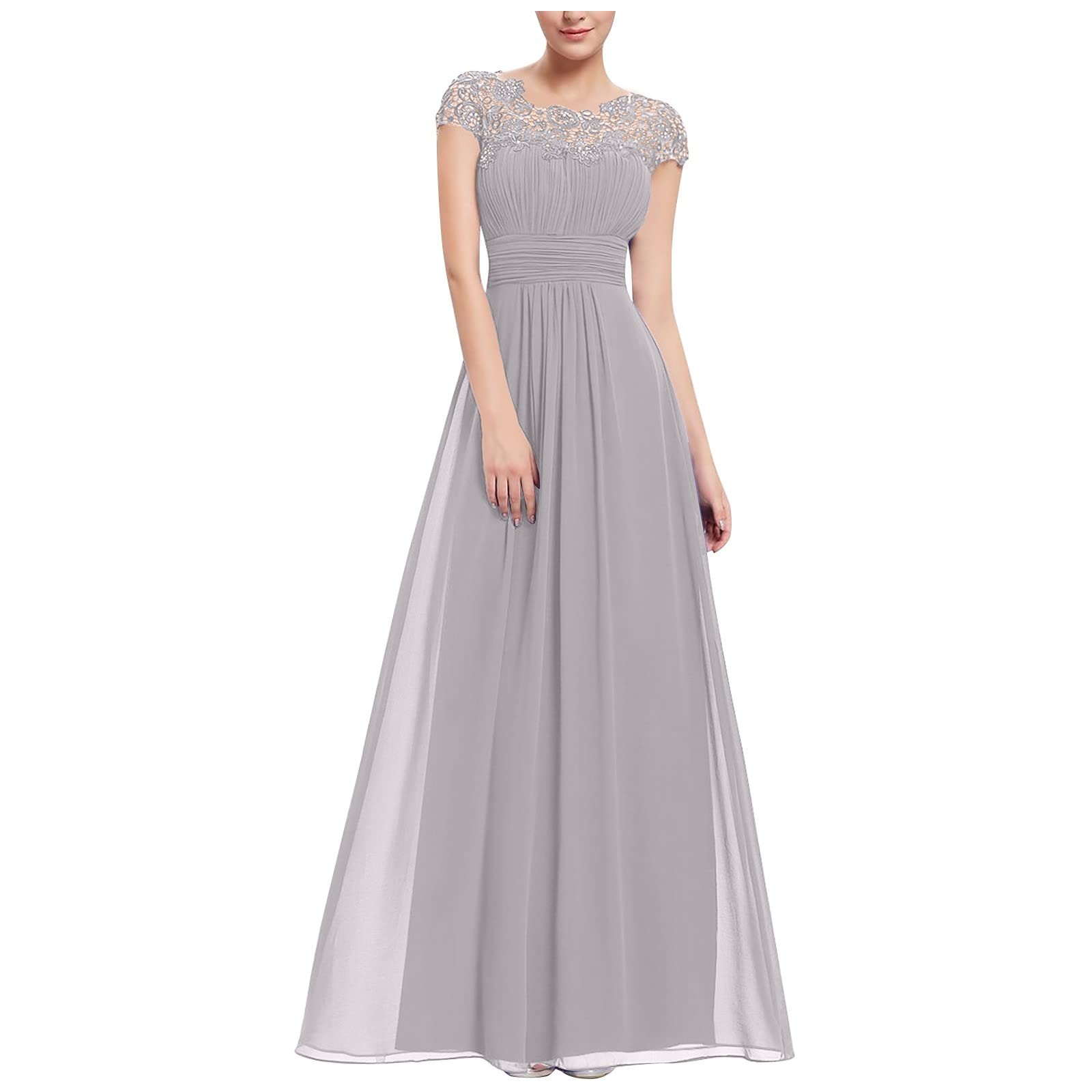 NIENDING Women's Floral Lace Maxi Dress - Elegant Round Neck Short Sleeve A-Line Cocktail Dress for Wedding, Bridesmaid, Evening Party & Special Occasions