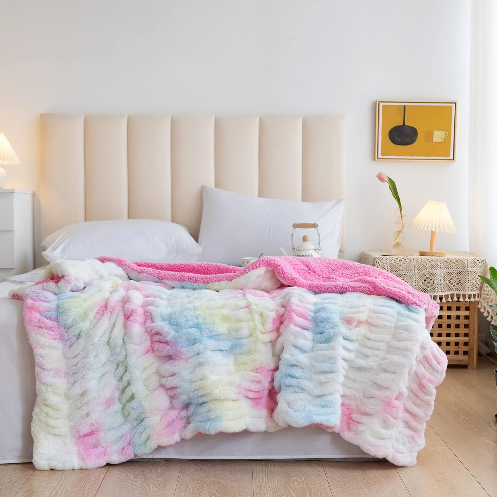 NEWCOSPLAY Faux Fur Throw Blanket - Soft Rainbow Sherpa Blanket for Bed, Couch & Sofa - 60x80 Inch Twin Size - Winter Warm Blanket for Movie Nights, Home Decor & Gift Ideas - Cozy Living Room & Bedroom Accessory