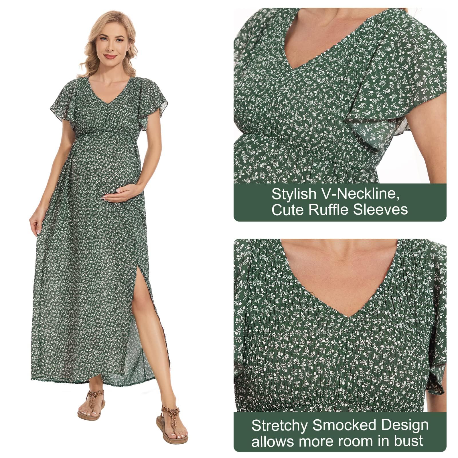 Boho Floral Print V-Neck Maternity Dress with Smocked Waist & Flutter Sleeves - Perfect for Baby Showers, Maternity Photoshoots and Summer Occasions
