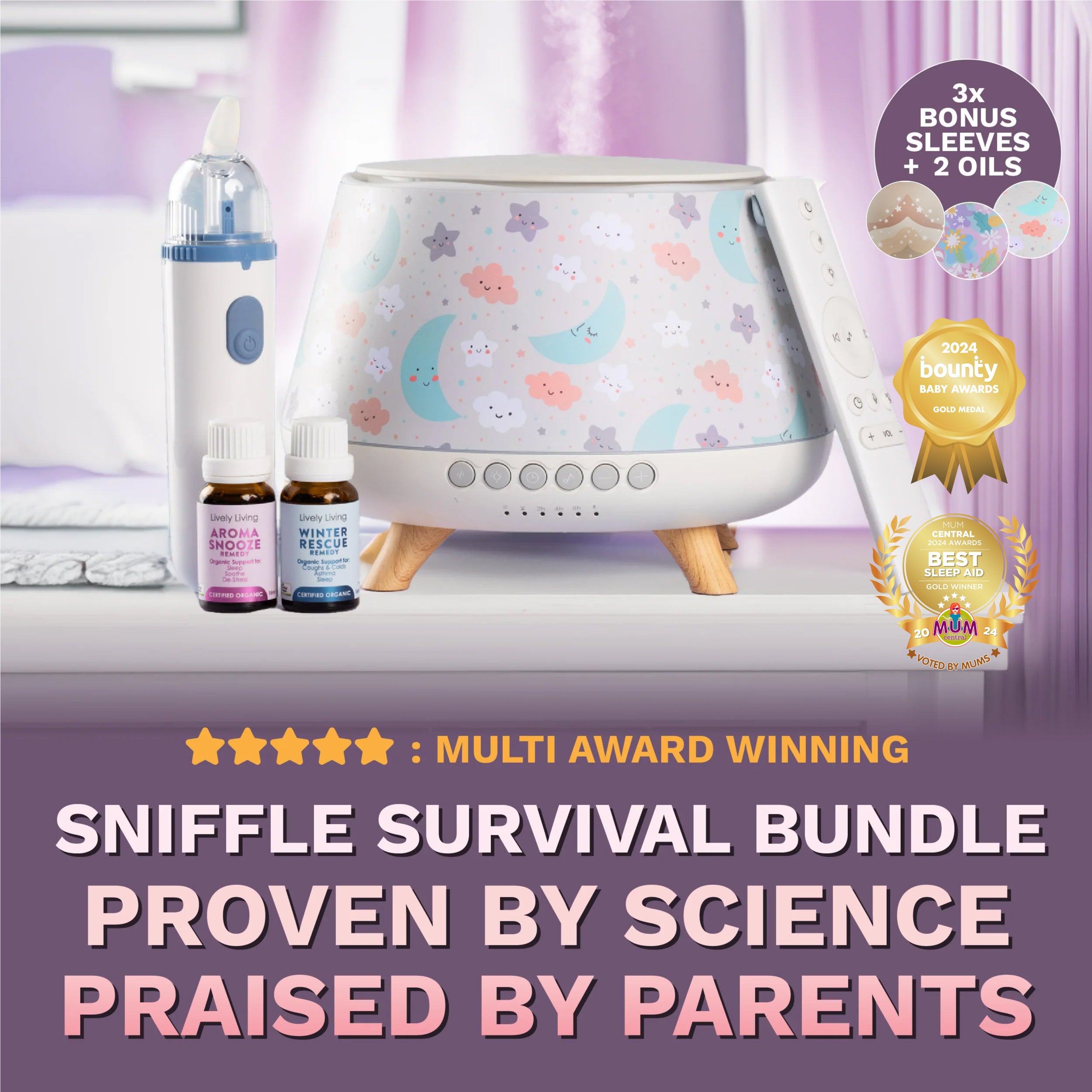 Sniffle Survival Bundle for Babies - Snooze Plus Nasal Aspirator with Essential Oils | Cold & Flu Relief, Congestion Solution for Newborns & Toddlers | Perfect for Nursery, Travel & Sick Days