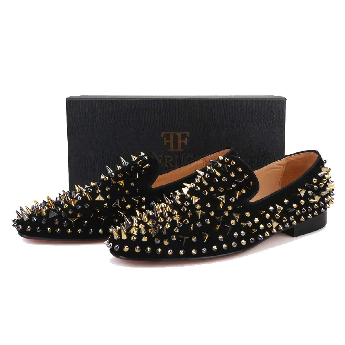 FERUCCI Men's Black Velvet Loafers with Gold Spikes - Comfortable Slip-On Slippers for Indoor/Outdoor Wear, House Shoes for Relaxing at Home or Casual Outings