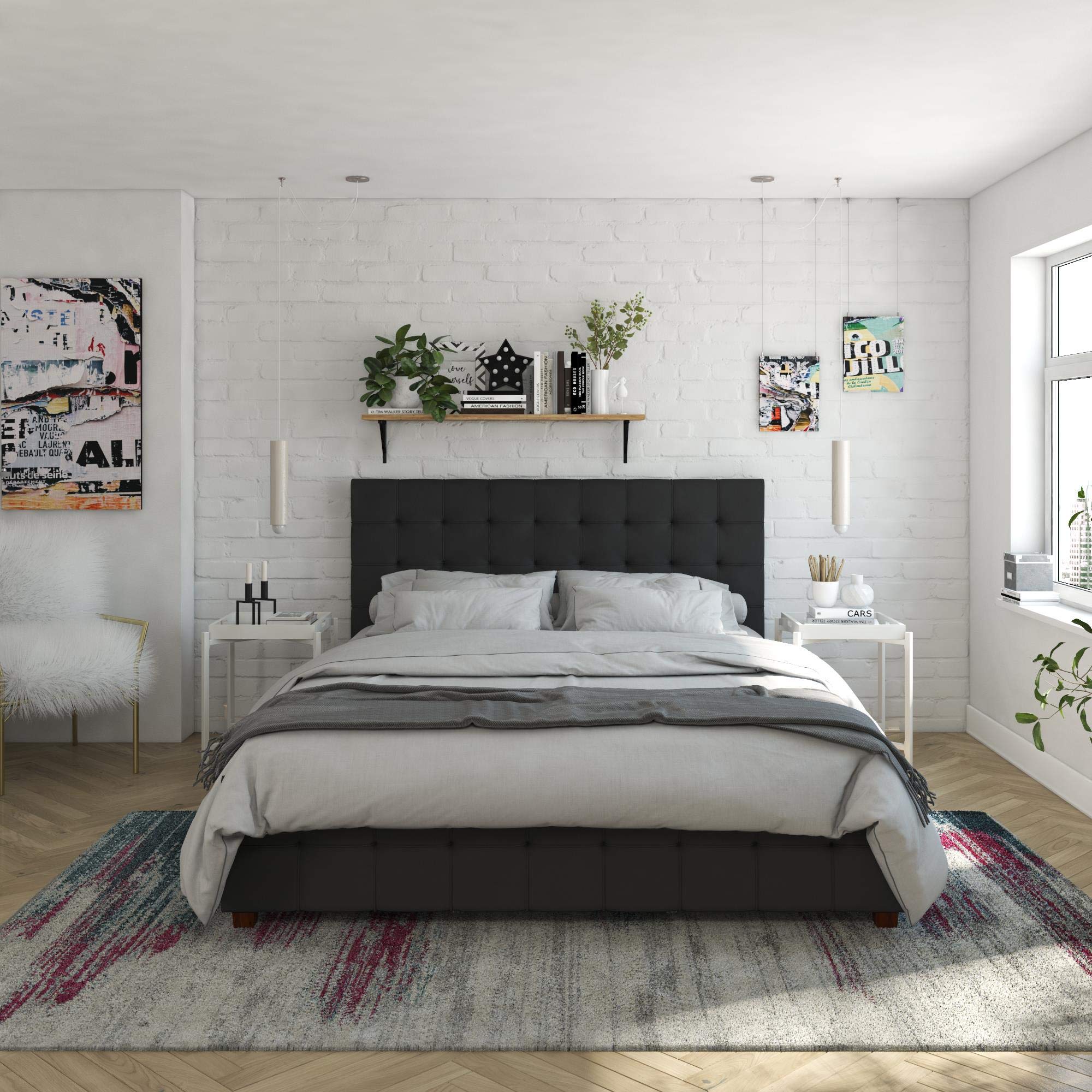 CosmoLiving by Cosmopolitan Elizabeth Storage Bed Frame - Queen Size Upholstered Platform Bed with Underbed Storage, Black Velvet Fabric | Modern Bedroom Furniture for Small Spaces & Guest Rooms
