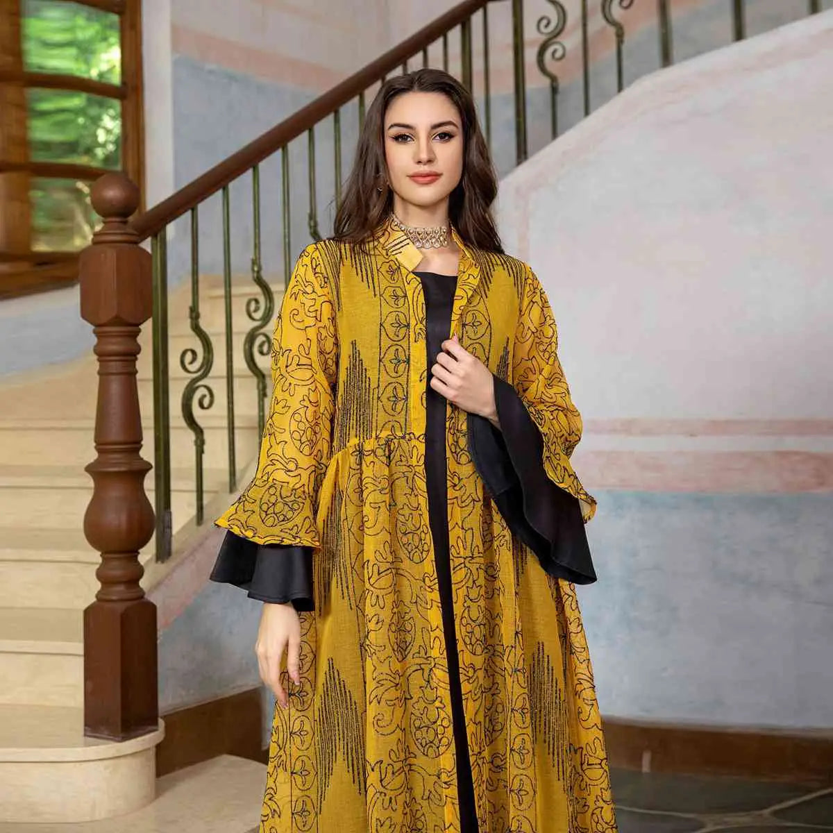 2-Piece Women's Ruffle Sleeve Open Abaya Kaftan Dress Set with Inner Sleeveless Dress - Elegant Muslim Fashion for Prayer, Homewear & Special Occasions