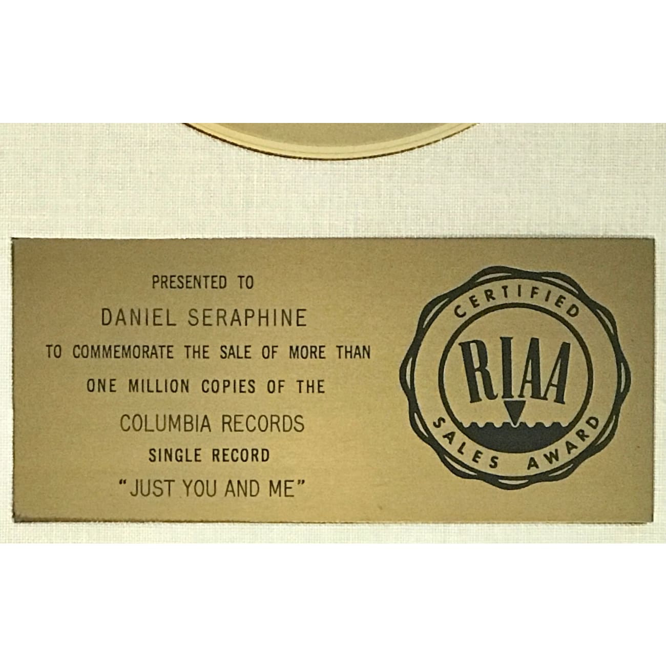 Chicago Just You 'N' Me White Matte RIAA Gold 45 Award - Rare Collectible for Founding Member | Perfect for Music Memorabilia Displays & Collector's Showcases