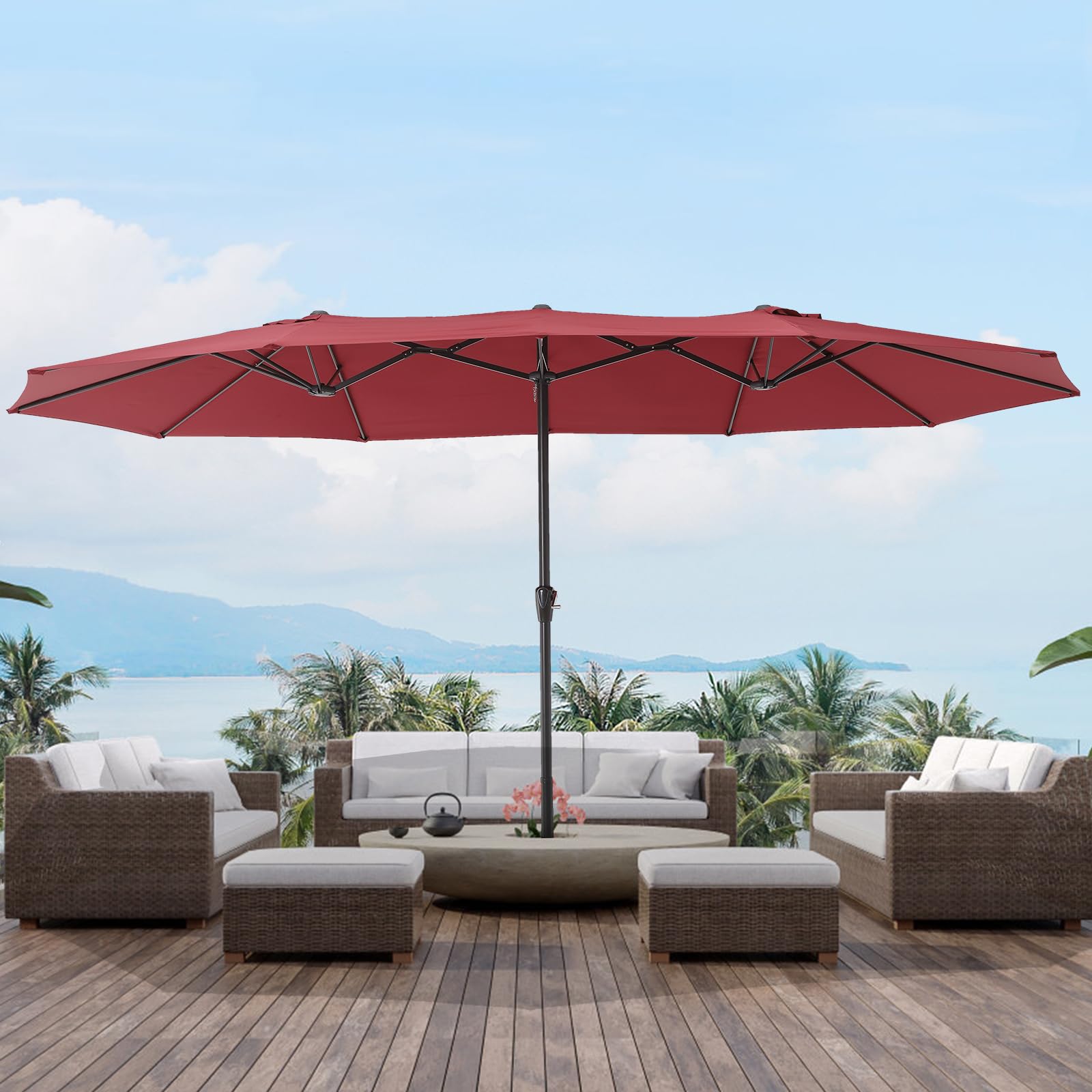 GARVEE 15FT Double-Sided Outdoor Patio Umbrella with Crank Handle - Extra Large Market Umbrella with 12 Rib Sturdy Metal Frame & Air Vents - Perfect for Backyard, Deck, Poolside, Restaurant & Outdoor Dining Areas - Claret Red