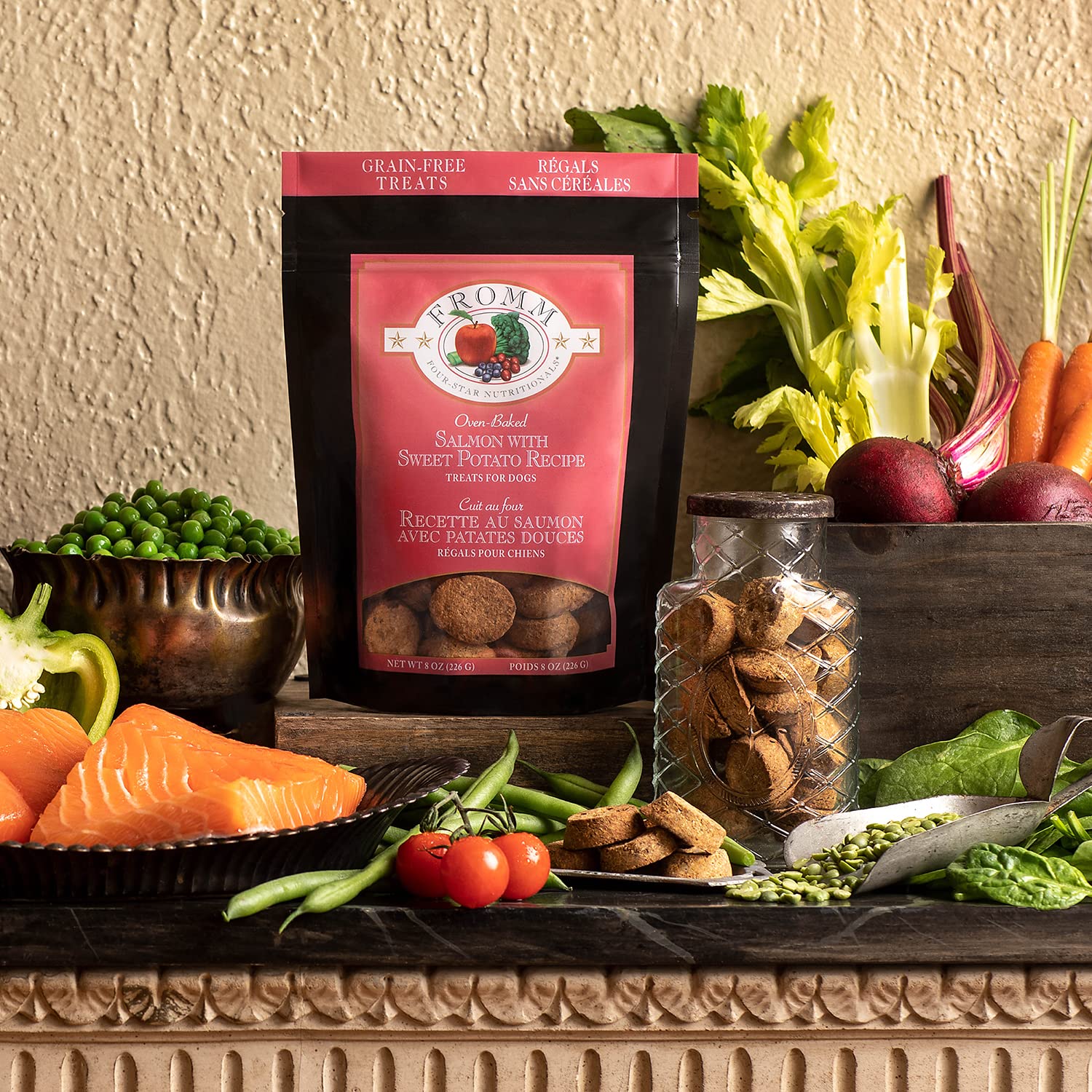 Premium Oven-Baked Fromm Four-Star Nutritionals Salmon & Sweet Potato Dog Treats - Grain-Free, All-Natural Dog Snacks - 8 oz Bag - Perfect for Training Rewards & Dental Health