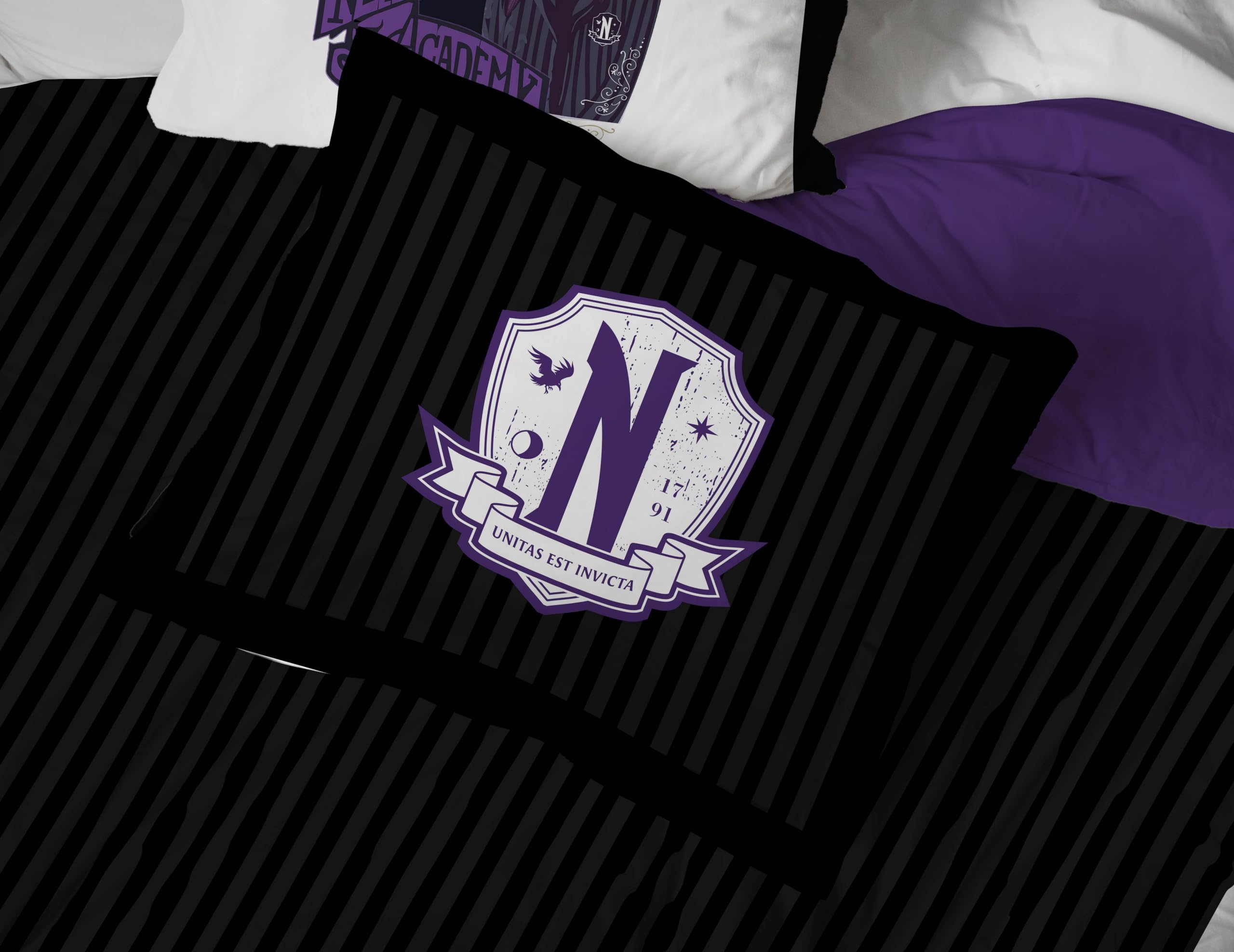 Wednesday Addams Twin Comforter Set - 5 Piece Bedding with Sheets & Pillowcases - Black & Grey Striped Super Soft Kids Bedding for Boys & Girls - Perfect for Halloween, Gothic Room Decor or Addams Family Themed Bedrooms