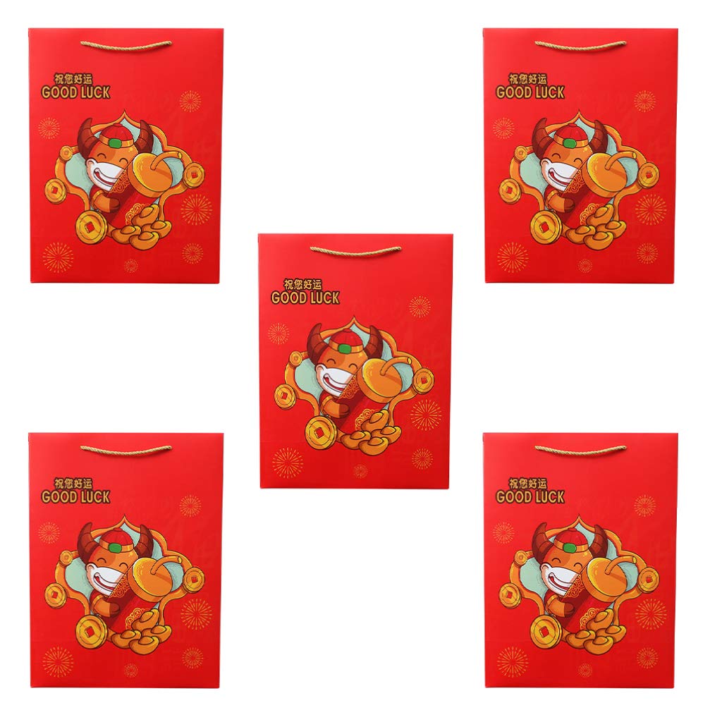 HEMOTON 5-Piece Chinese New Year Gift Bags with Handles - Zodiac Ox Themed Party Favor Bags for Candy, Holiday Celebrations, Birthday Parties & Spring Festival Events