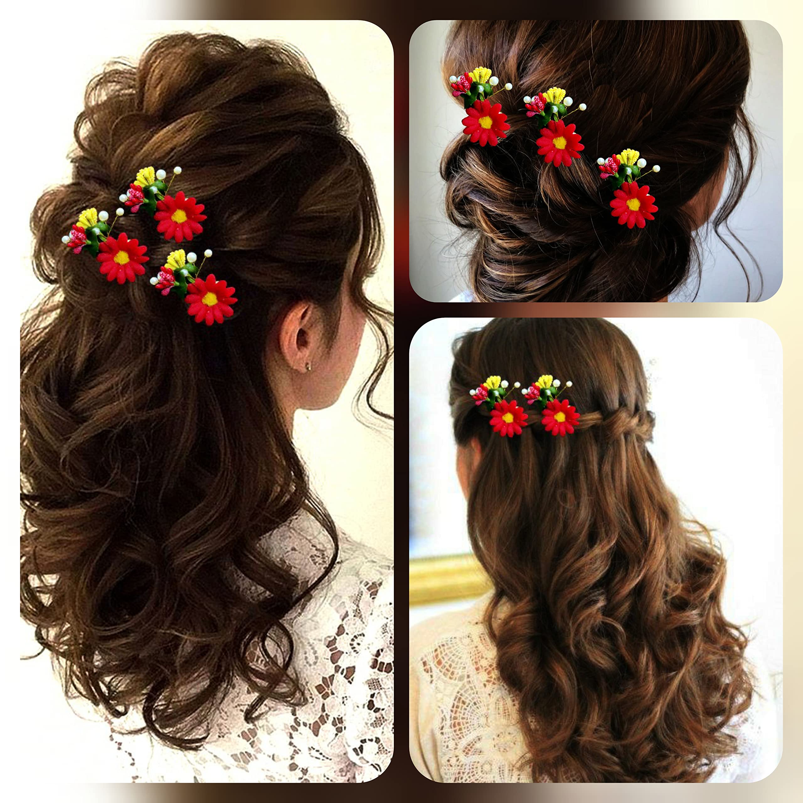 Artificial Flower Hair Clip with Leaf Design - Red Hairpins, Hair Claws & Hair Accessories for Women & Girls (Pack of 3) - Perfect for Weddings, Parties & Everyday Styling