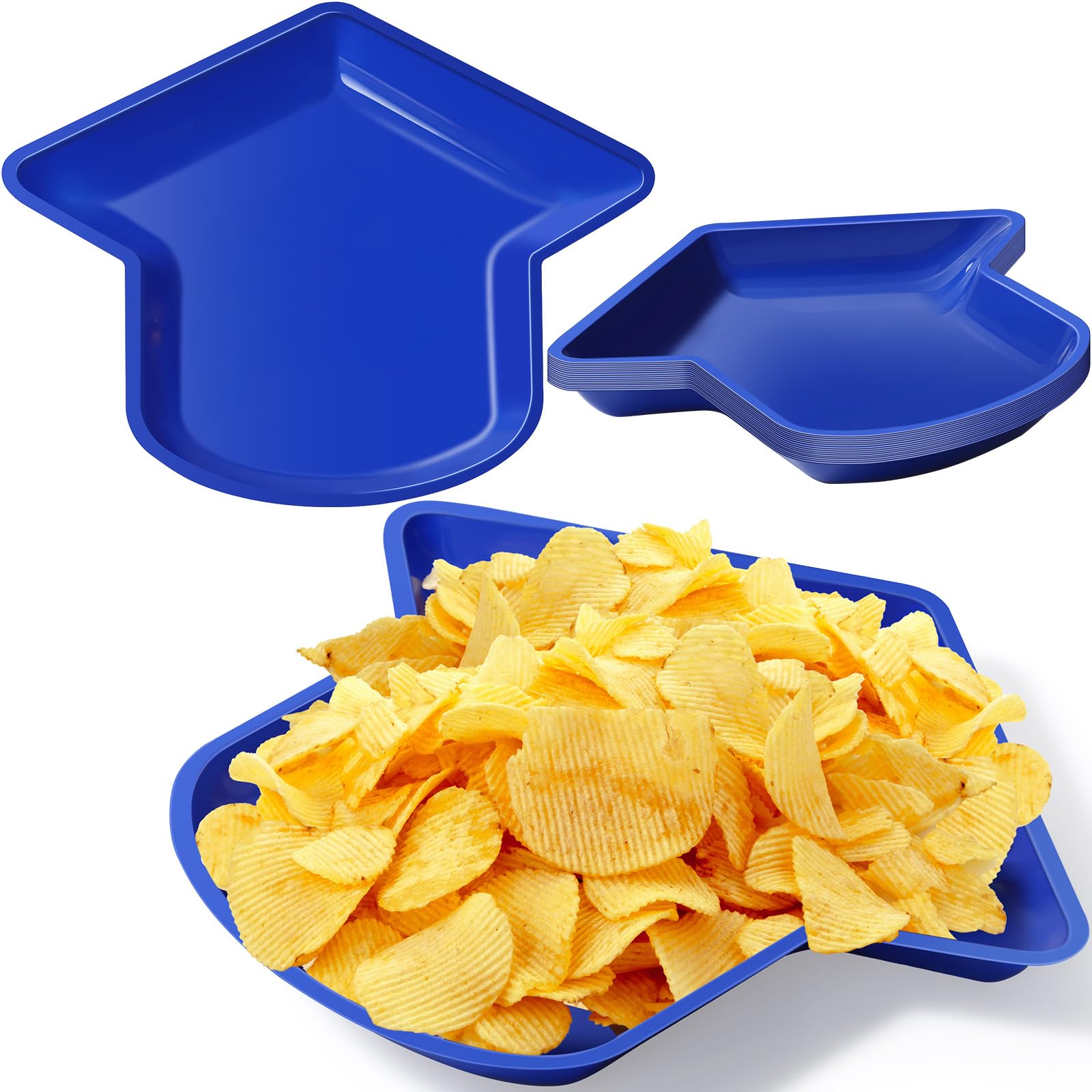 24-Pack Graduation Party Plates - Hat-Shaped Reusable Snack Trays for Cookies, Chips & Candy - 11.6 x 9.6 Inch Blue Graduation Decor - Perfect for Grad Parties, Dessert Buffets & School Celebrations