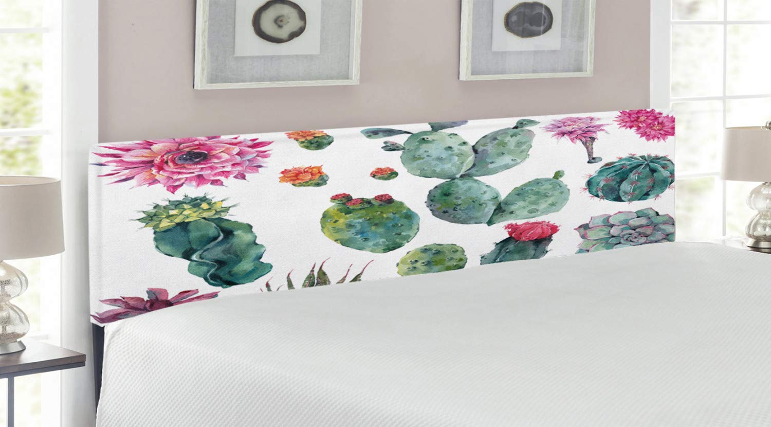 Ambesonne King Size Upholstered Headboard with Memory Foam - Desert Botanical Cactus Flower Print in Green & Pink - Decorative Metal Bed Frame Headboard for Modern Bedroom Decor | Perfect for Home, Apartment, Dorm, and Guest Room