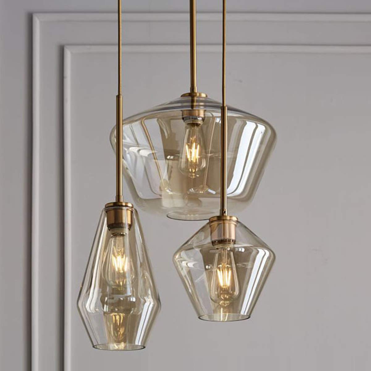 Modern Champagne Gold Glass 3-Light Pendant Chandelier - Adjustable Height Flush Mount Ceiling Light Fixture for Kitchen Island, Dining Room, Coffee Bar & Living Room | Elegant Linear Lighting for Home & Restaurant Decor
