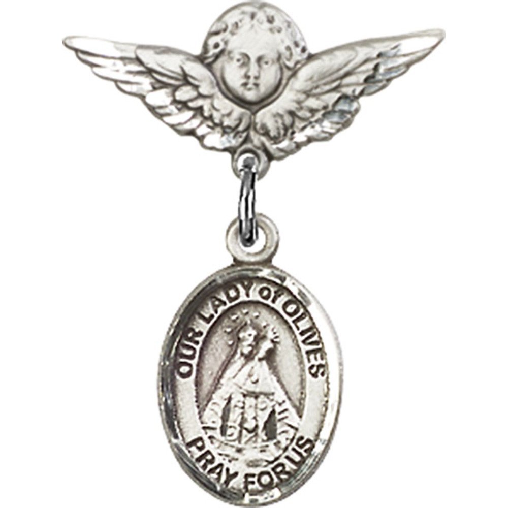 925 Sterling Silver Baby Badge with Our Lady of Olives Charm & Angel Wing Pin - 7/8