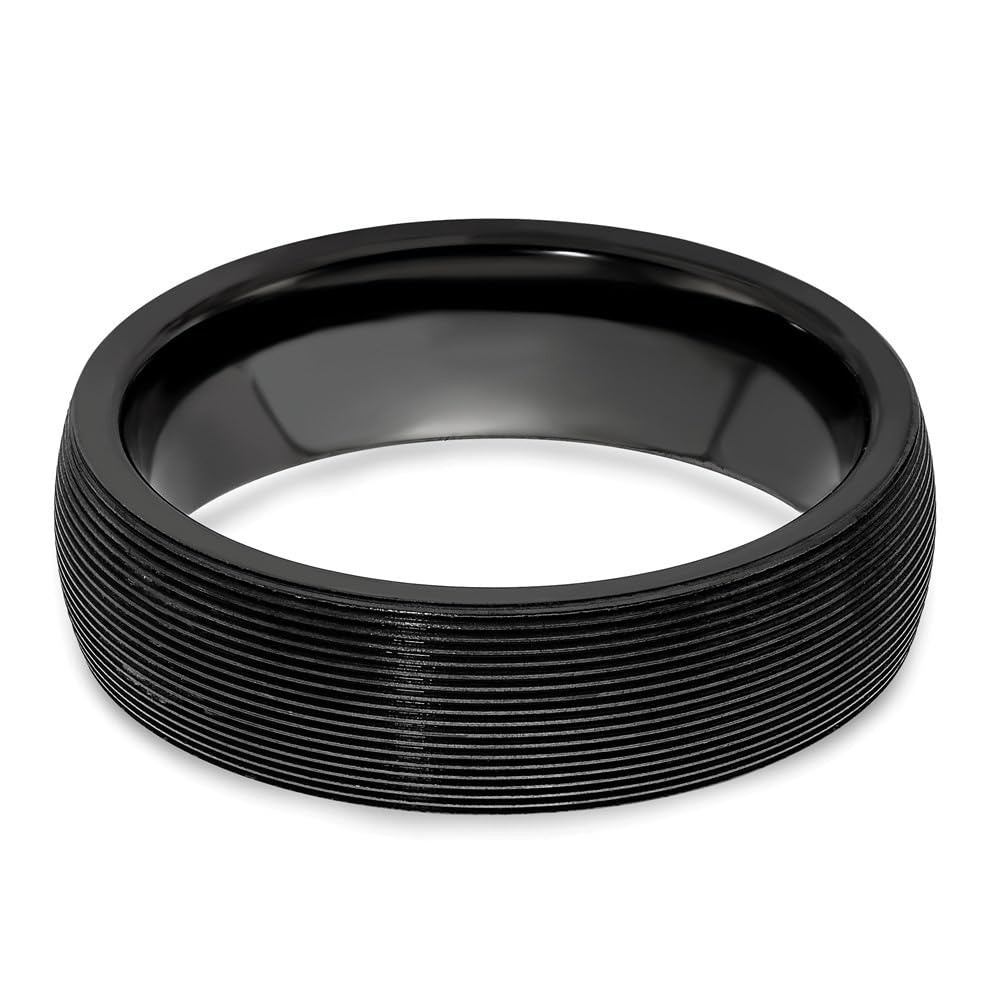 Titanium Black Ti Domed Textured Lines 6mm Wedding Band Ring for Men - Durable & Comfortable Titanium Wedding Ring for Grooms, Engagements & Anniversaries - Perfect for Everyday Wear & Special Occasions