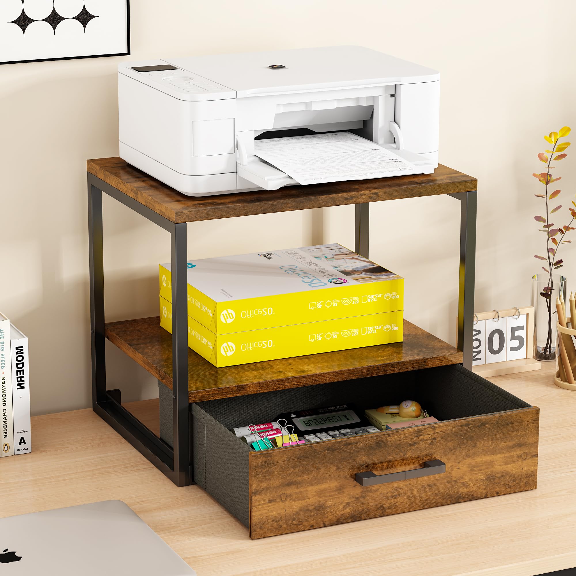 2-Tier Heavy Duty Printer Stand with Storage Drawer - Multi-Purpose Desk Organizer for Home Office | Perfect for Laser/Inkjet Printers, Scanners & Office Supplies Organization
