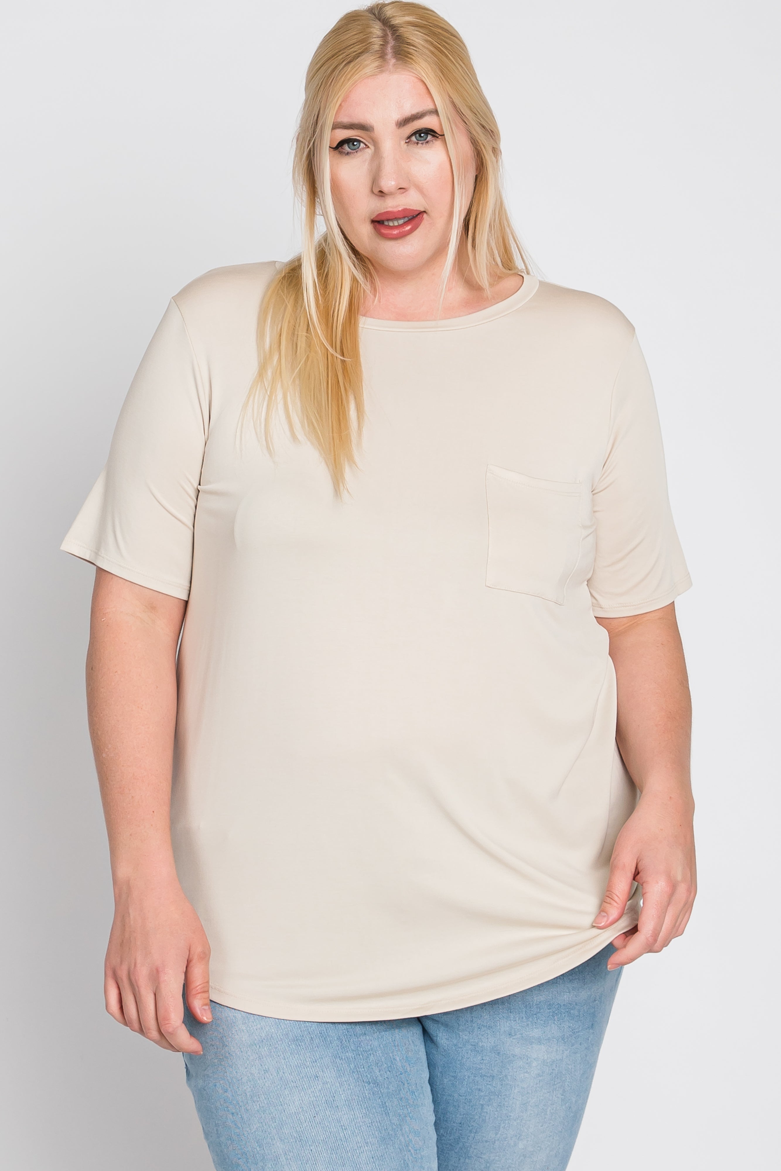 Beige Crew Neck Short Sleeve T-Shirt for Women with Front Pocket - Casual Plus Size Summer Top for Outdoors, Travel & Everyday Wear