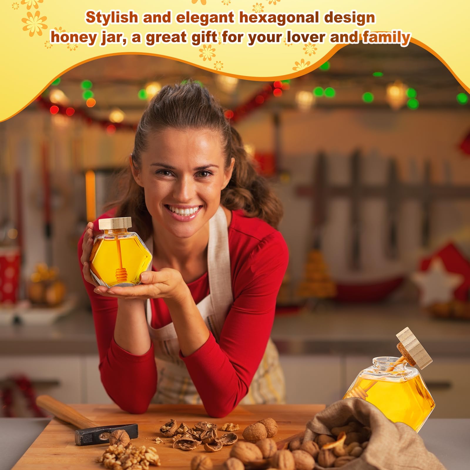 Sunnyray 8-Pack 220ml Hexagonal Honey Jars with Wooden Dipper & Cork Lid - Perfect for Kitchen Storage & Gifts
