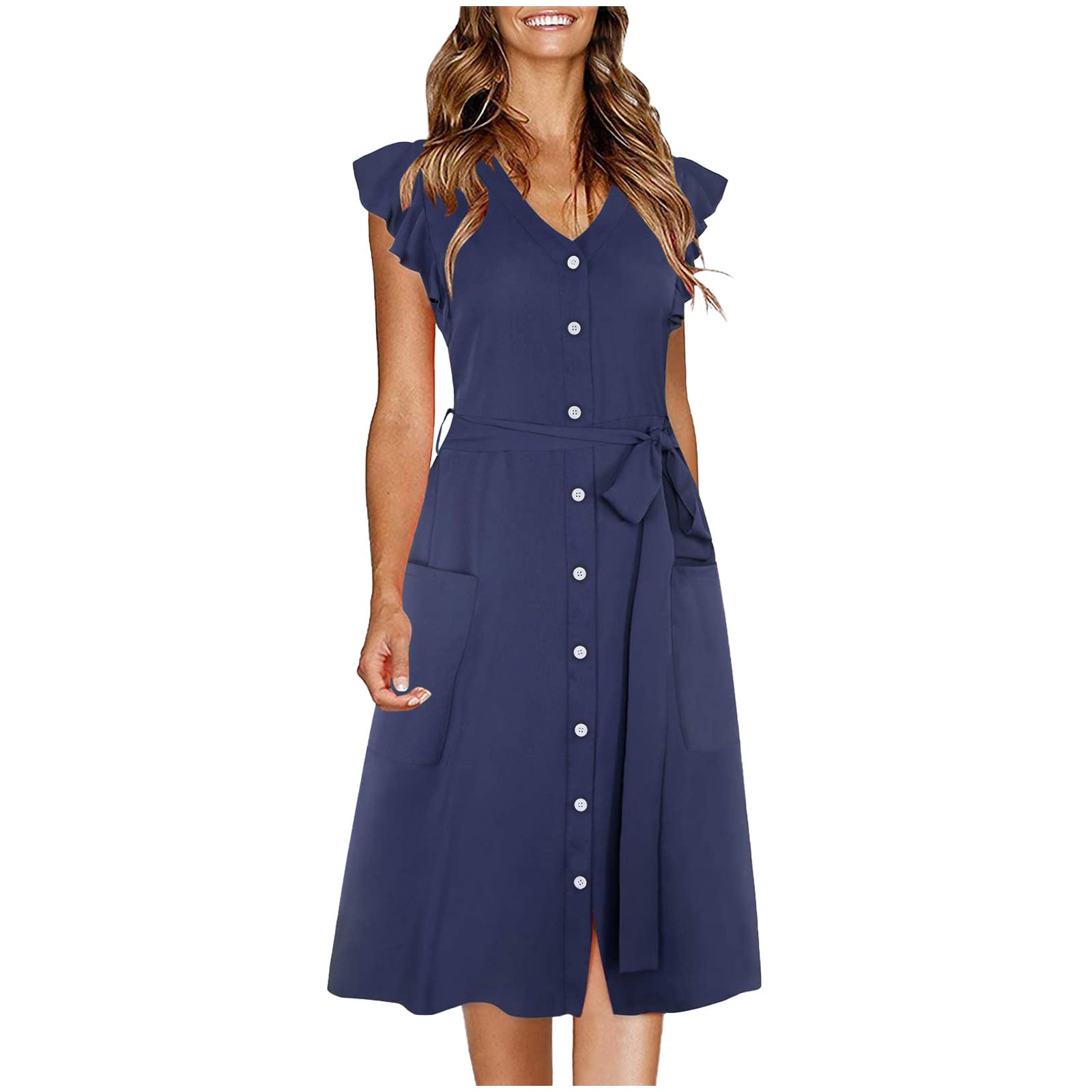 Women's Summer Ruffled Sleeveless Tie Waist Dress - Button Down V-Neck A-Line Swing Midi Tank Dress for Beach, Vacation & Casual Outings