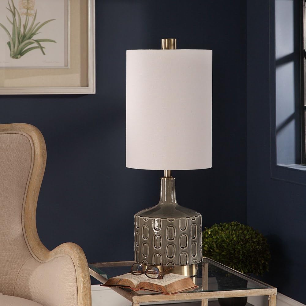 Modern 1-Light Gray Ceramic Table Lamp with White Linen Drum Shade - 3-Way Switch for Bedroom, Living Room & Office Lighting