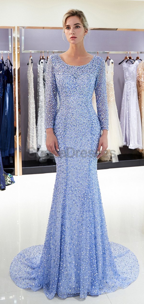 Elegant Long Sleeve Blue Beaded Mermaid Prom Dress for Evening Parties & Formal Events | Perfect for Homecoming, Prom Night & Special Occasions