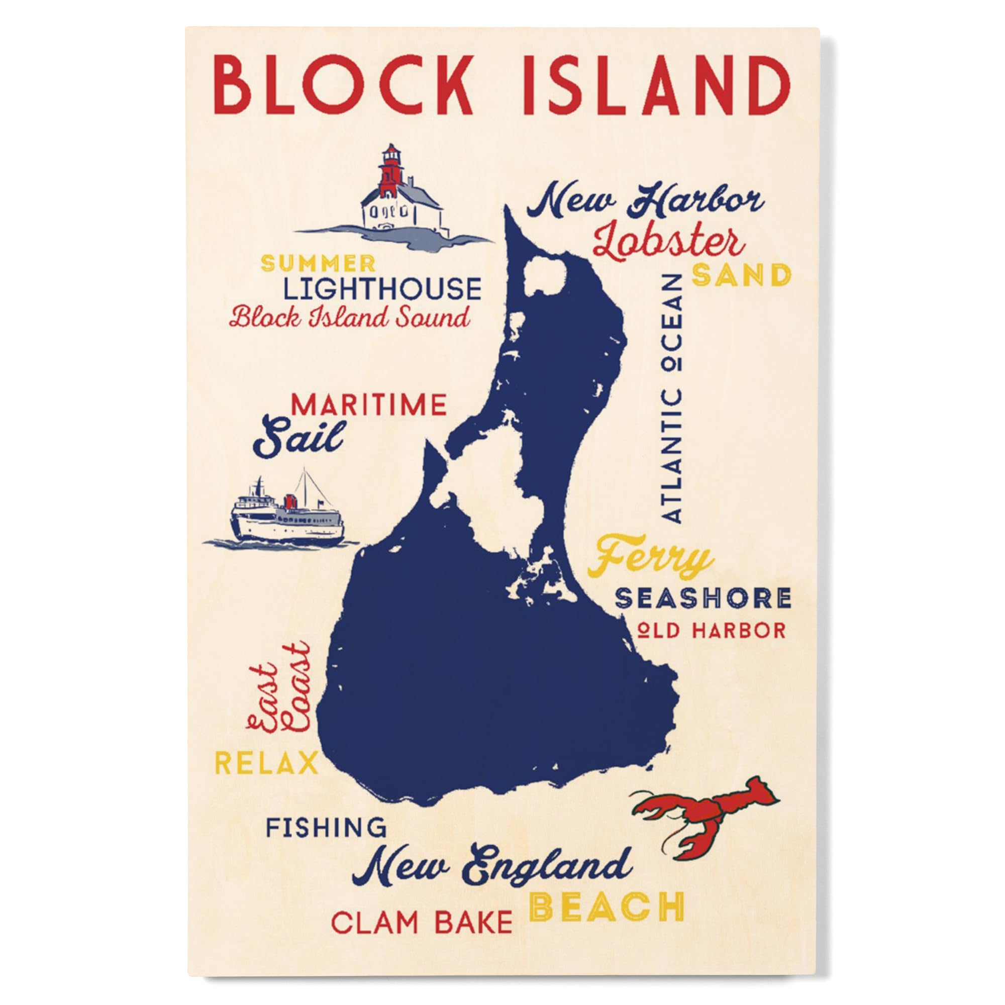 Lantern Press 12x18 Inch Premium Wood Wall Sign - Ready to Hang Coastal Decor with Block Island, Rhode Island Typography & Icon Design in Primary Colors | Perfect for Beach House, Living Room or Office Wall Art