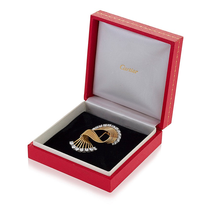 Cartier Gold and Diamond Swirl Brooch Pin - Vintage Luxury Jewelry for Women - Elegant Gift for Weddings, Parties & Special Occasions