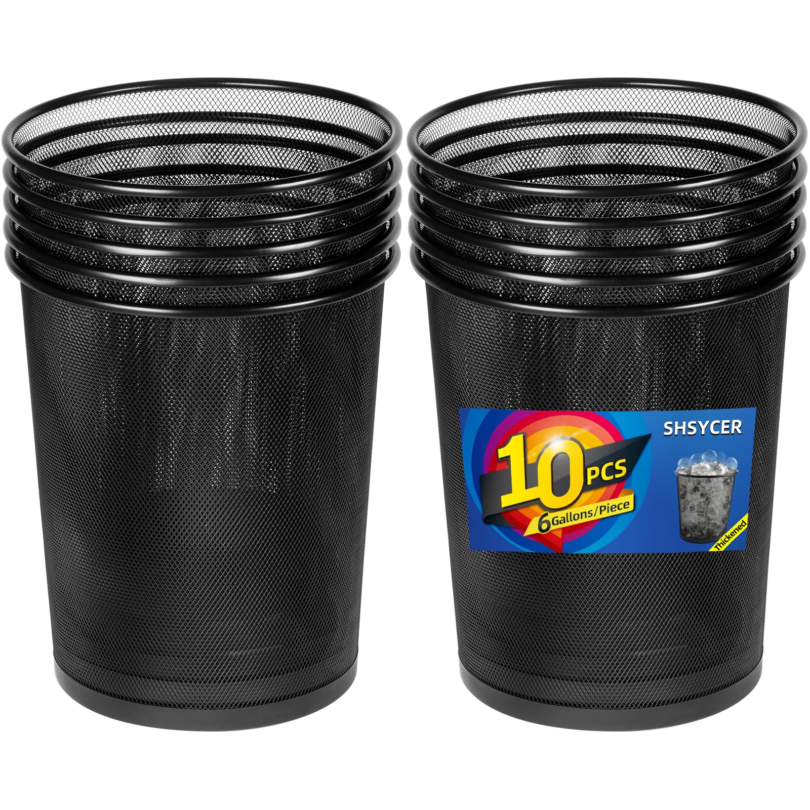 10-Pack 6 Gallon Black Mesh Trash Cans - Open Metal Wire Waste Baskets for Office, Home & School - Ideal for Desk-Side Recycling & Garbage Disposal - Durable Waste Containers for Paper, Plastic & General Trash