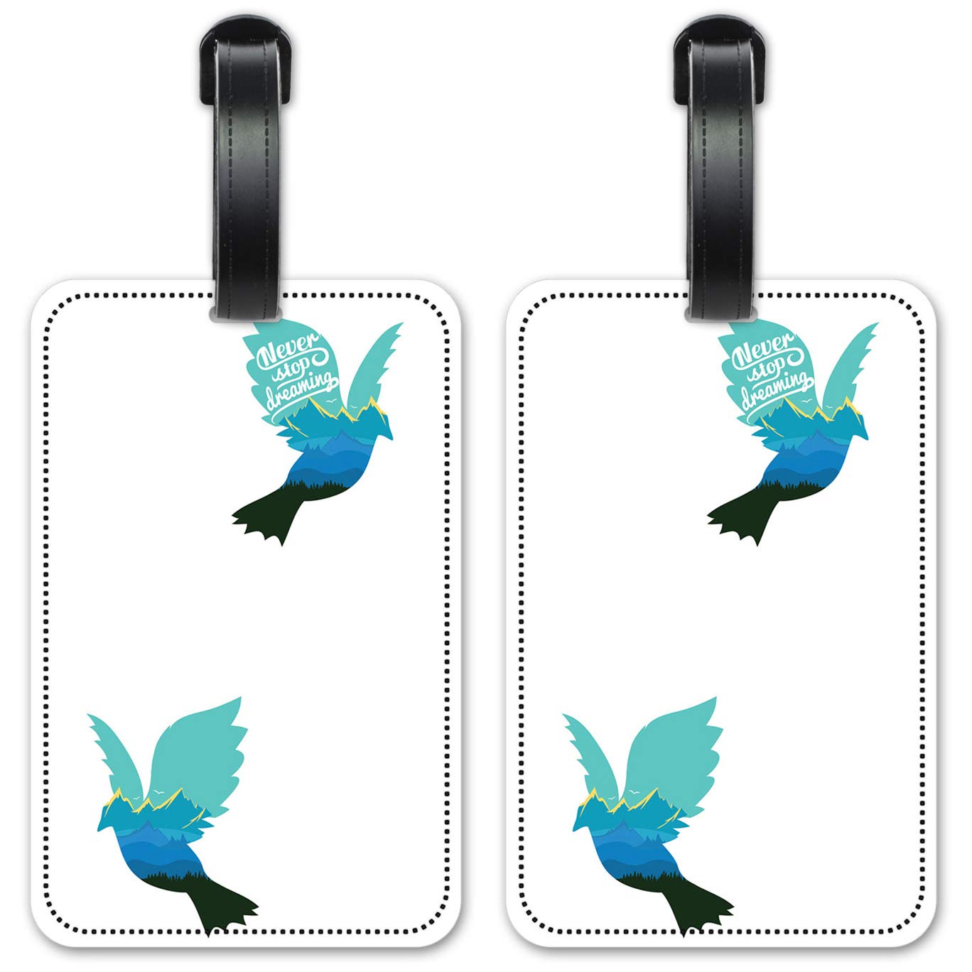 Never Stop Dreaming Luggage ID Tags - Waterproof Suitcase Identification Cards Set of 2 - Perfect for Travel, Airports & Lost Baggage Protection