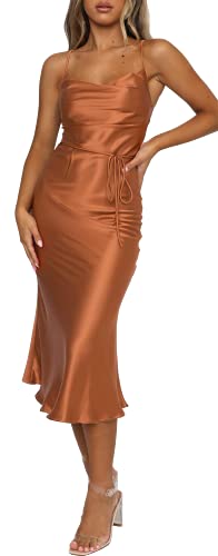 UTNISAN Women's Cowl Neck Spaghetti Strap Satin Slip Dress - Elegant Wedding Guest Formal Evening Gown for Parties, Dinners & Special Occasions
