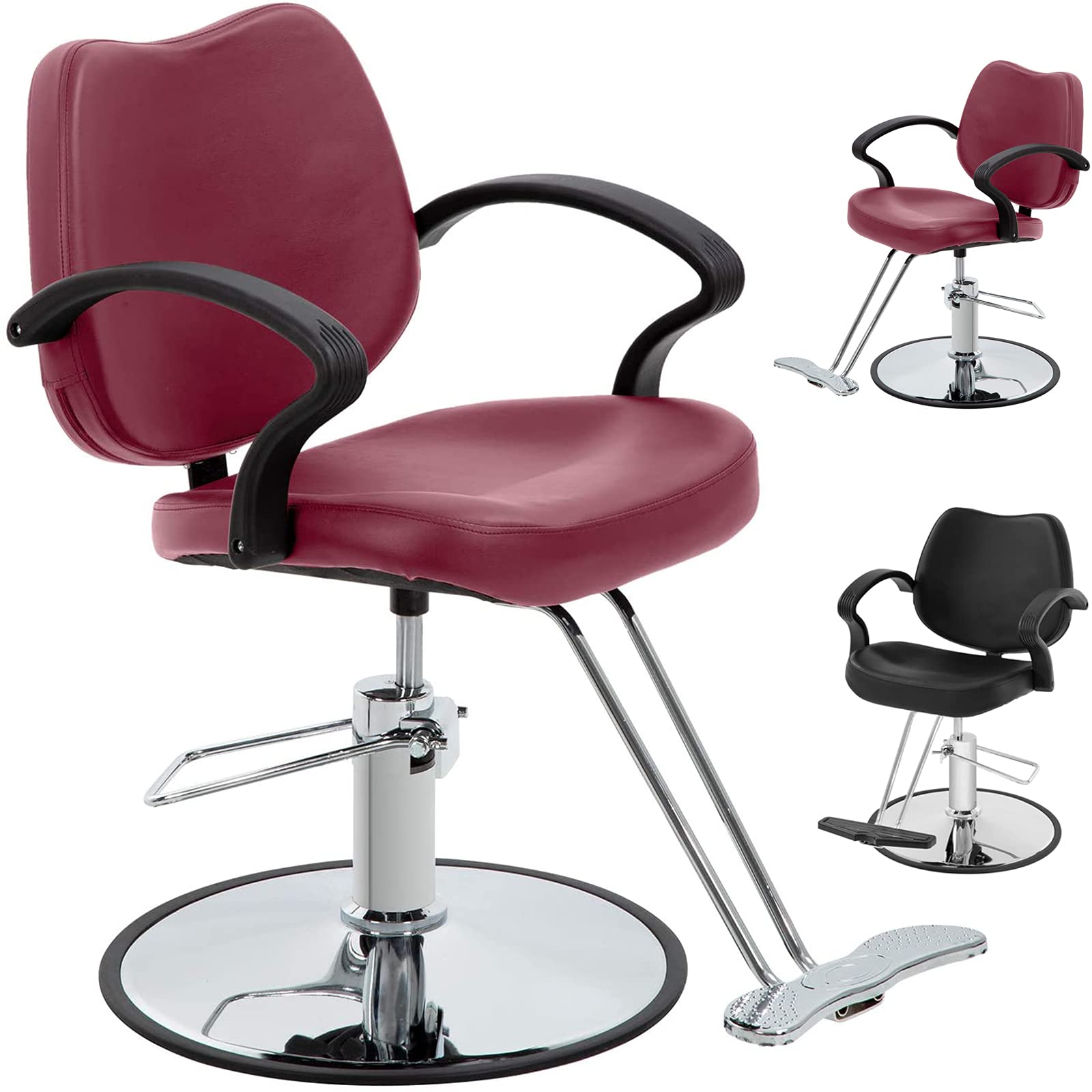 Professional 360° Swivel Hydraulic Barber Chair - Heavy Duty Leather Salon Styling Chair with Hydraulic Lift for Hairdressers, Shampoo & Makeup | Classic Burgundy Beauty Chair for Salons & Home Use
