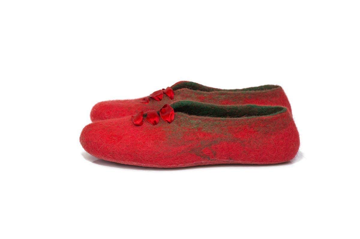 Handmade Wool Slippers with Red Silk Laces - Cozy Winter House Shoes for Women | Perfect Mother's Day Gift for Her | Warm Indoor/Outdoor Comfort for Home, Office & Travel