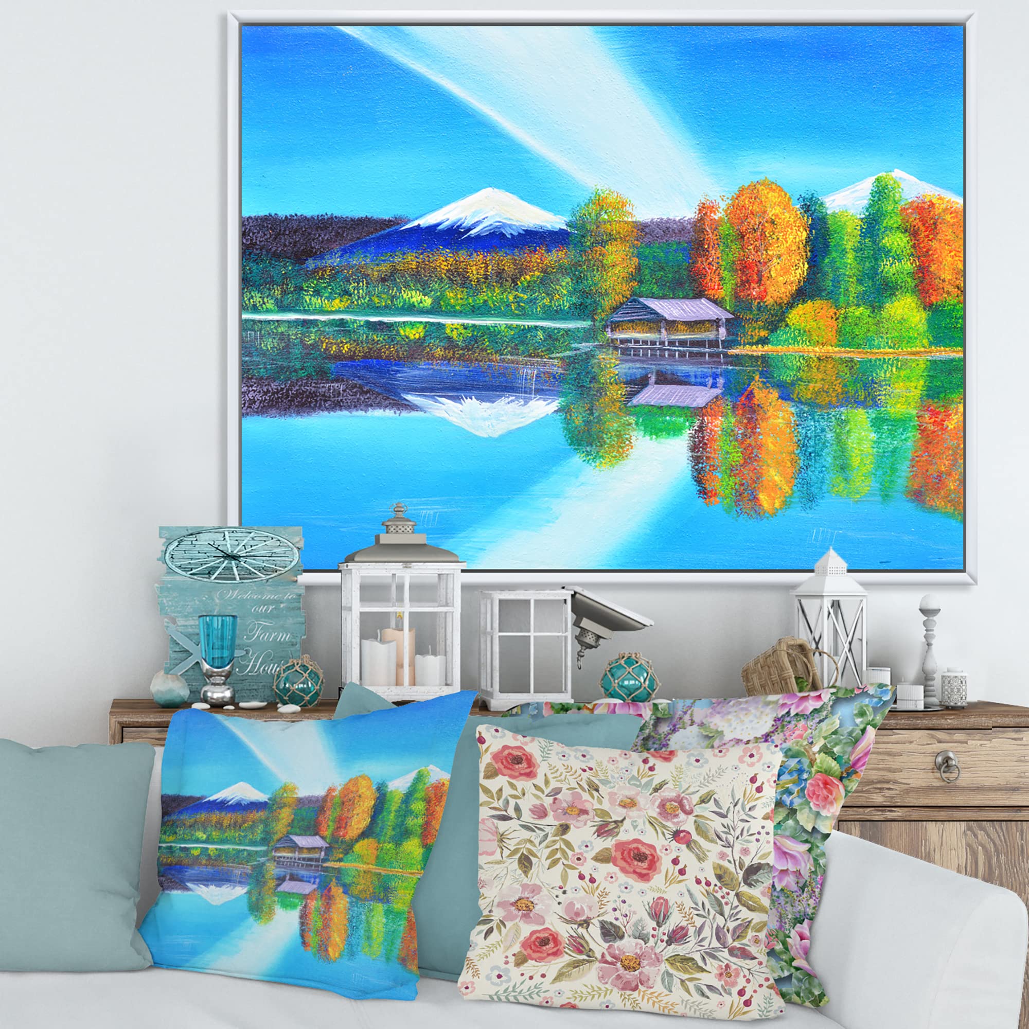 Reflection of Mountain and Sky on The Lake - Coastal Framed Canvas Wall Art Print for Living Room, Bedroom & Office Decor | Nature Landscape Painting | Modern Home Décor