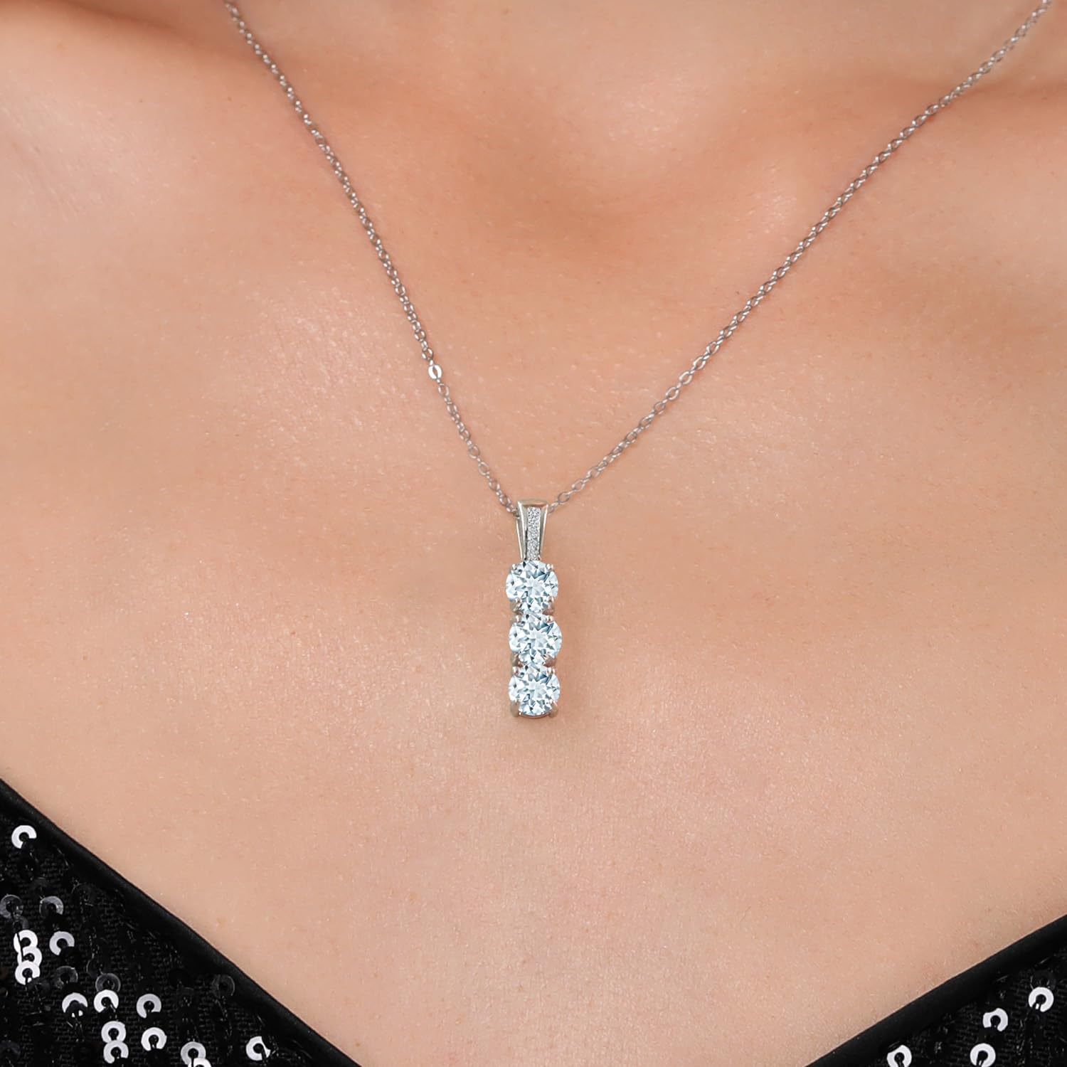Gem Stone King Diamond & 3 Gemstone Birthstone Pendant Necklace for Women - 925 Sterling Silver Three Stone Pendant with 18