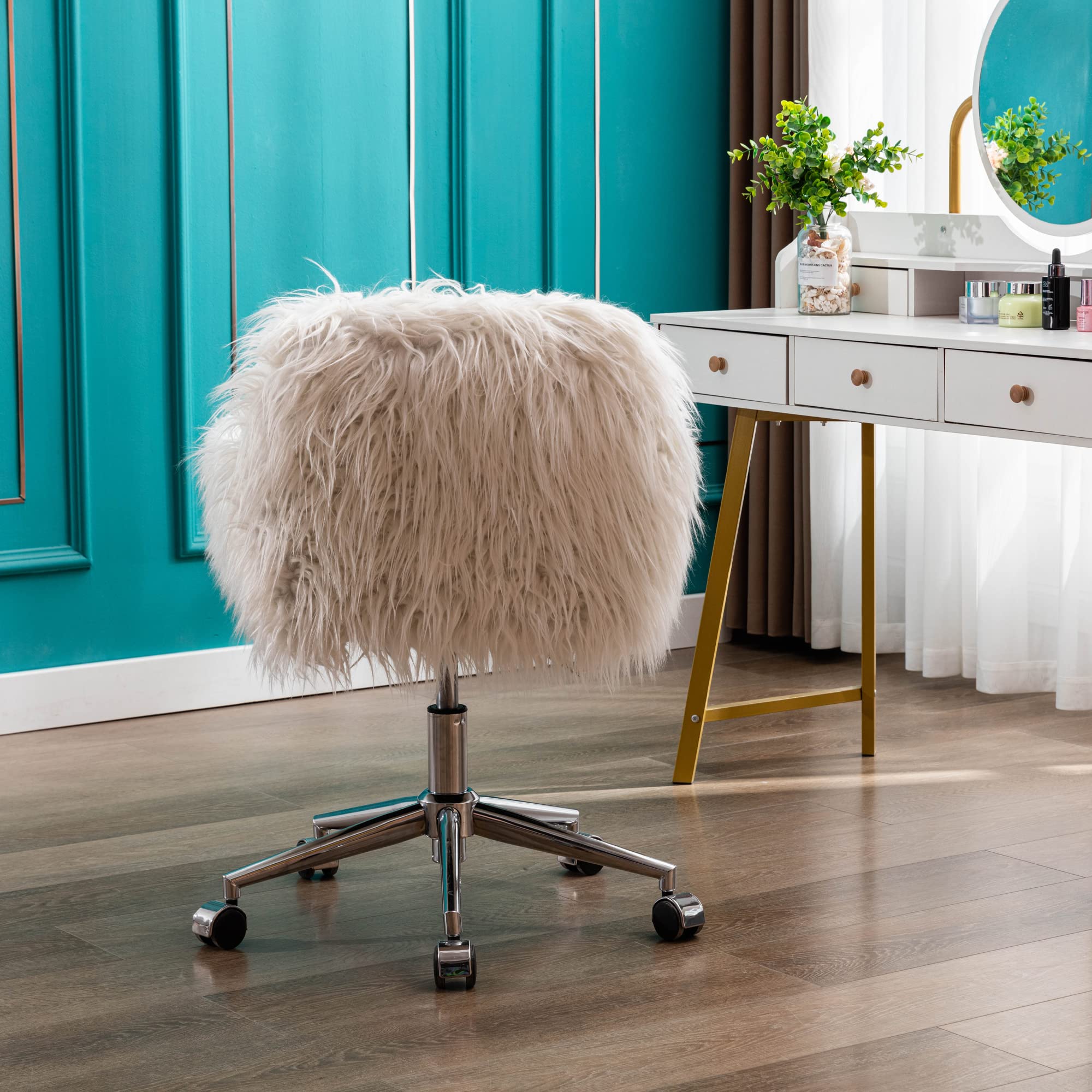 Luxury Faux Fur Vanity Chair with Rolling Wheels & Armrest - Modern Accent Chair for Women, Girls, Home Office, Living Room & Bedroom - Soft Furry Makeup Desk Chair in White (Perfect for Dressing Tables, Home Offices & Cozy Reading Nooks)