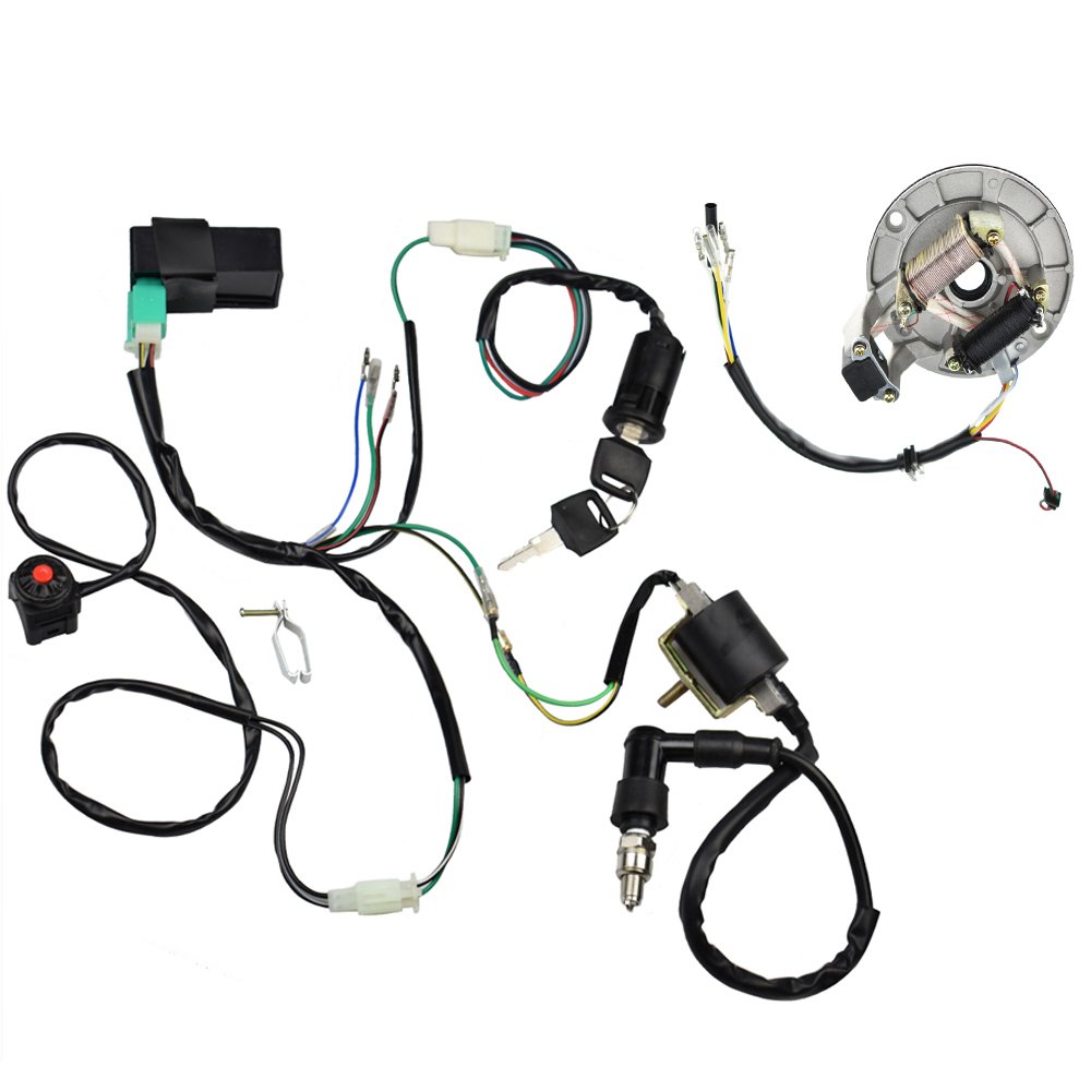 50cc-125cc Dirt Pit Bike Wire Harness Wiring Loom CDI Ignition Coil Magneto Spark Plug Rebuild Kit for ATV Quad Bike Buggy Go Kart - Complete Electrical System Upgrade for Off-Road Performance