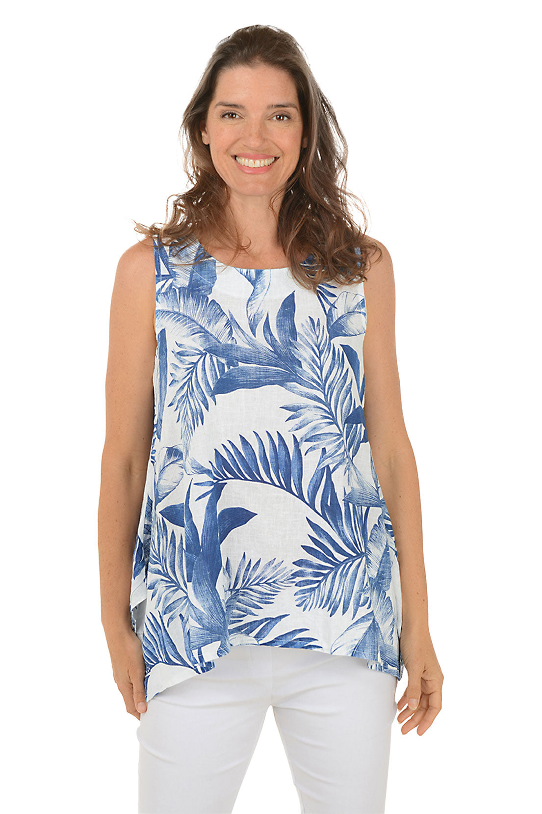 Blue Leaves Linen Shark Bite Blouse - Women's Elegant Short Sleeve Tops for Summer, Office Wear & Casual Outfits