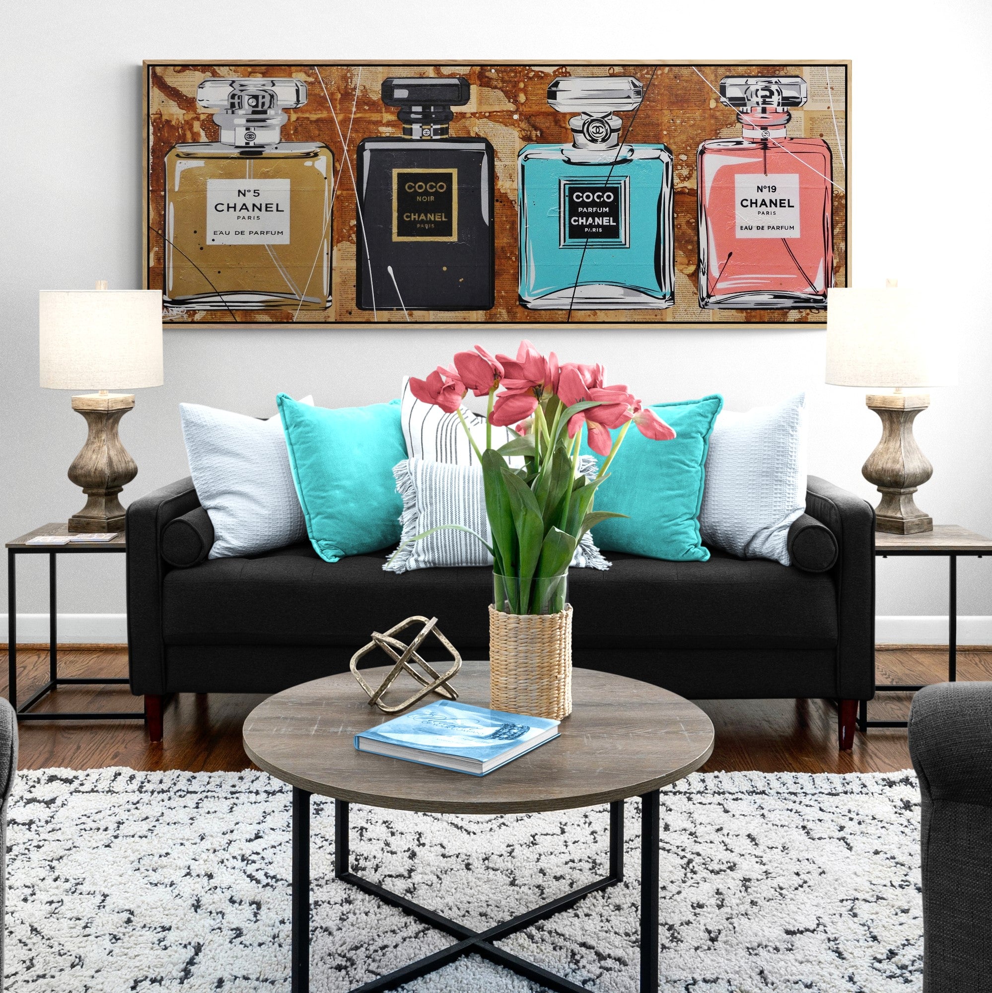 Chanel Perfume Bottles Urban Pop Art Painting - 63x24 Inch Large Canvas Wall Decor for Living Room, Bedroom & Office - Perfect Gift for Book Club Members & Perfume Lovers