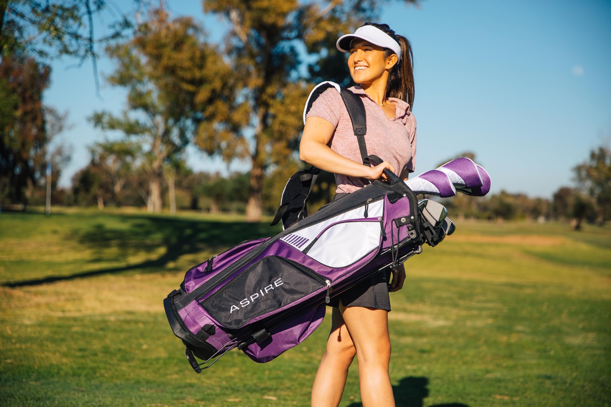 **Aspire XD1 Women's Golf Clubs Full Set - Right Handed Driver, Fairway, Hybrid, 6-PW Irons, Putter & Stand Bag with 3 Headcovers | Ultra-Light Graphite Shafts | Available in 3 Sizes & Purple Color | Perfect for Beginners & Intermediate Female Golfers**