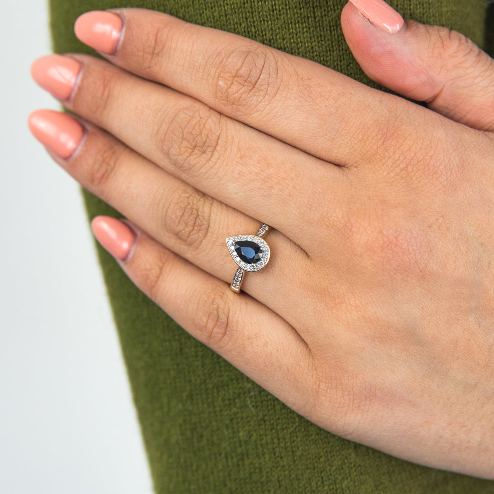 9ct Yellow Gold 1ct Natural Sapphire & 0.2ct Diamond Pear Halo Engagement Ring - Perfect for Proposals, Anniversaries & Special Occasions