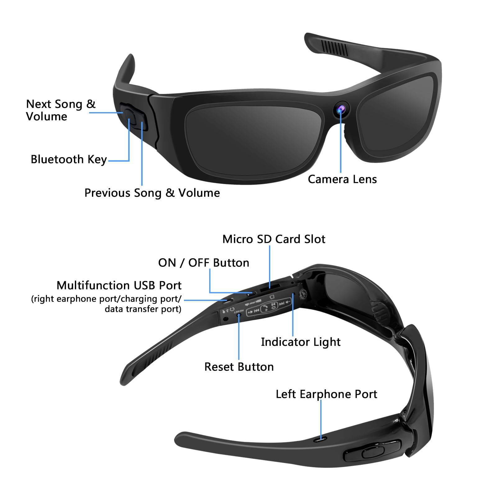 HD 1080P Bluetooth Sunglasses Camera with Loop Recording - Sports Video Camera Glasses with Built-in Earphones for Cycling, Running & Outdoor Activities | Perfect for Adventure Vlogging and Hands-Free Recording